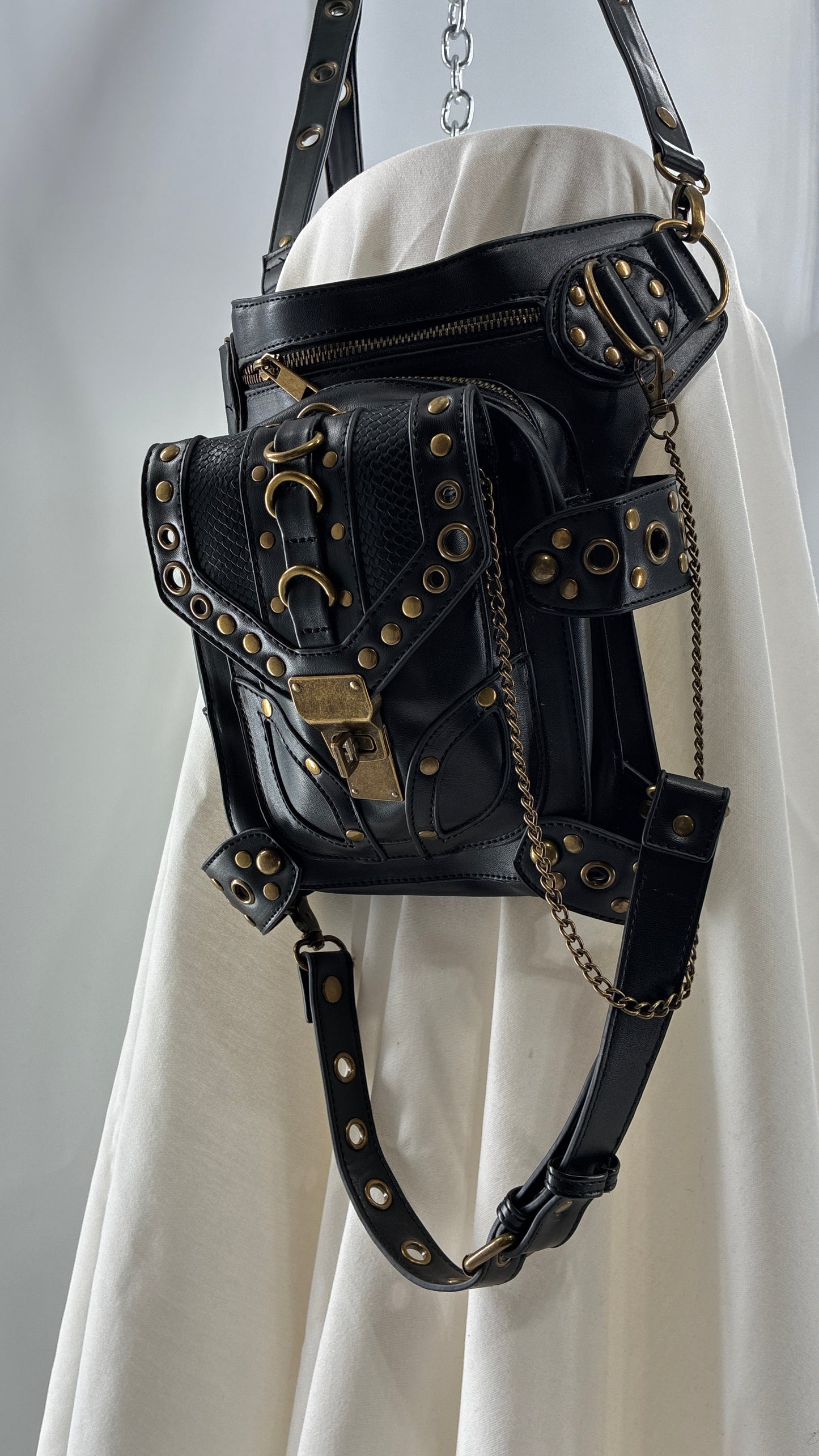 Vintage Bronze Studded, Leather Thigh Strap Crossbody Bag
