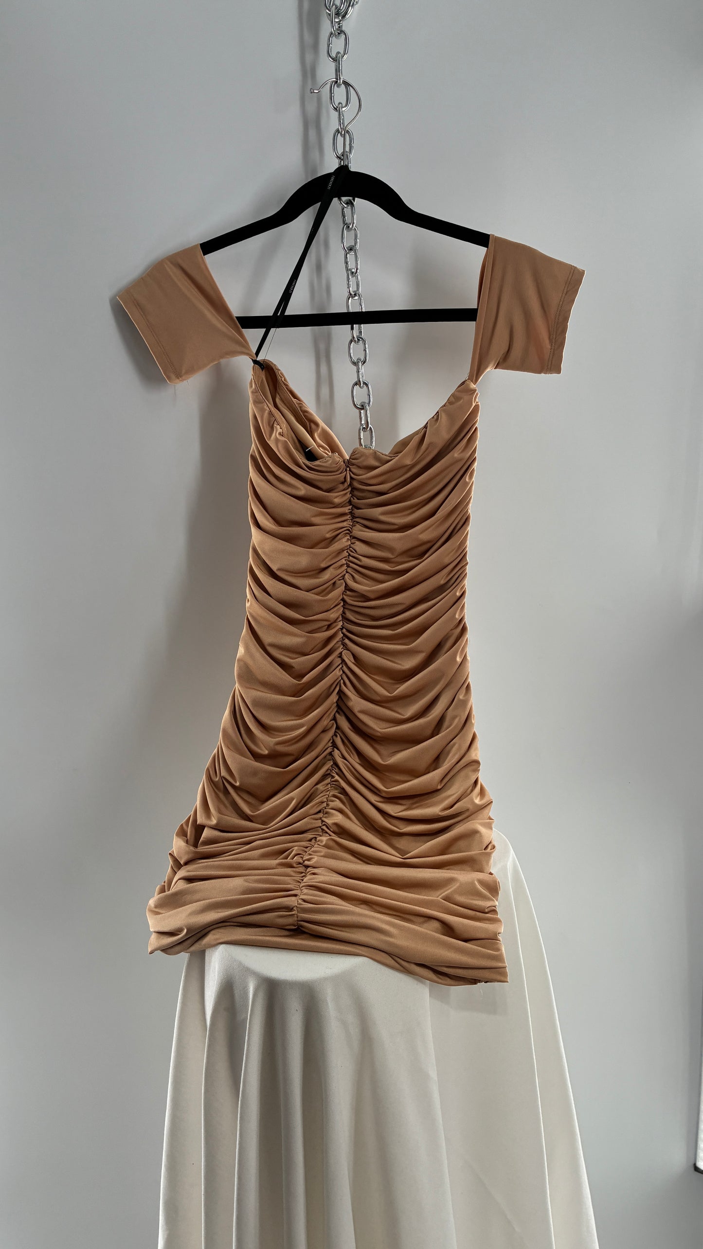 Nude Ruched Mini Dress with Arm Bands (Small)