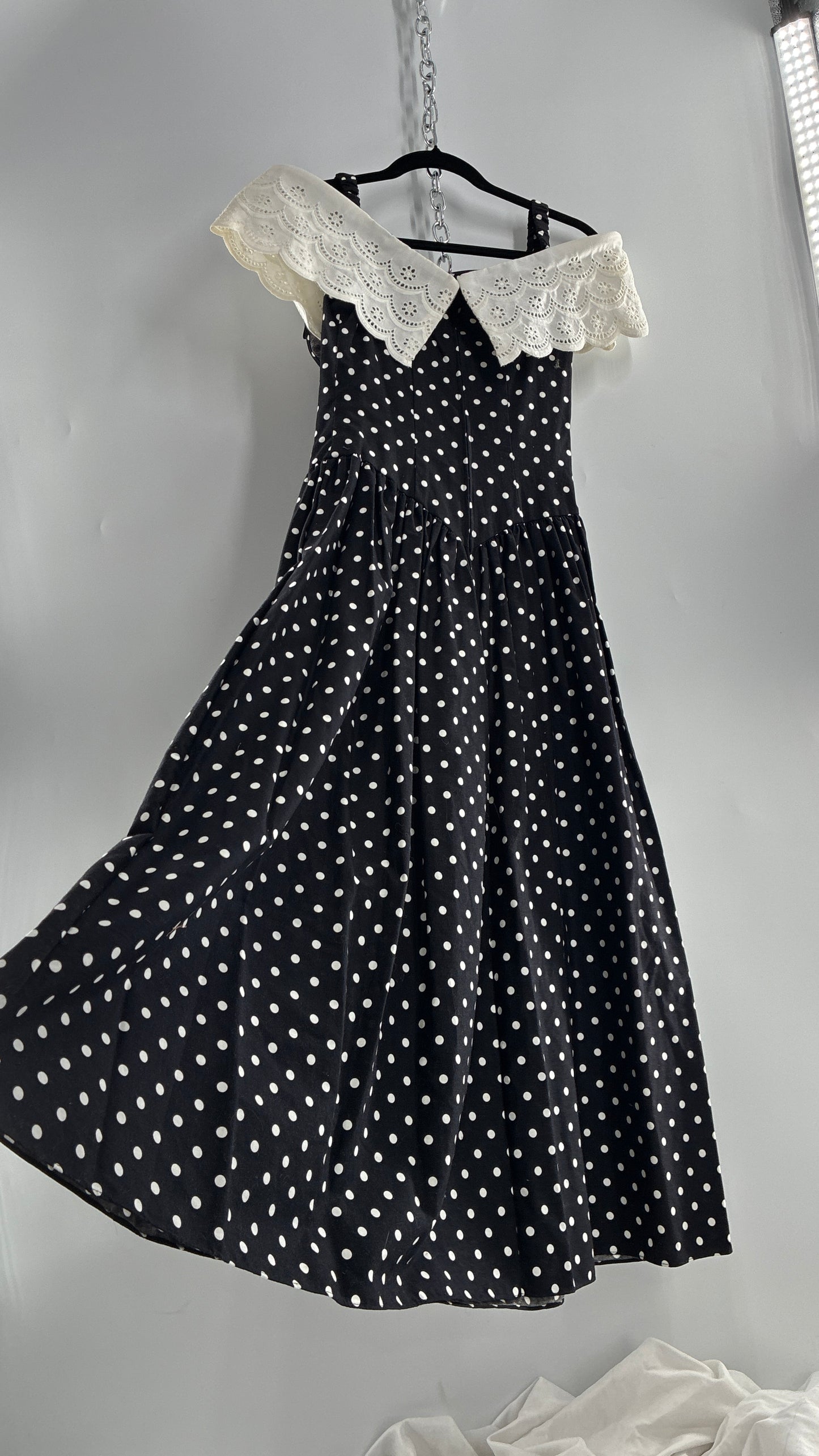 Vintage Handmade Black and White Polka Dot Pointed Waistline Gown with Off the Shoulder Stiff Lace Straps and Rosette Detail (8)