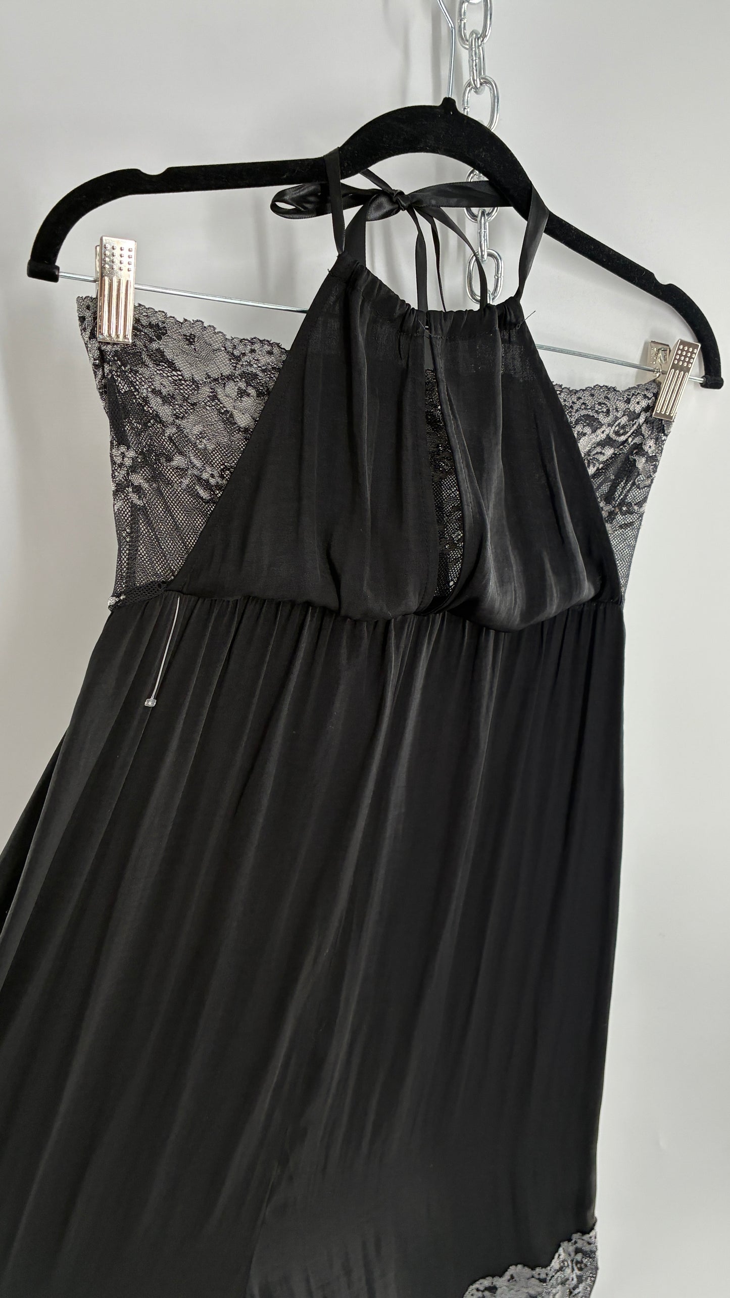 Free People Silky Black Jumpsuit with Grey Lace Paneling and Bandeau (S)