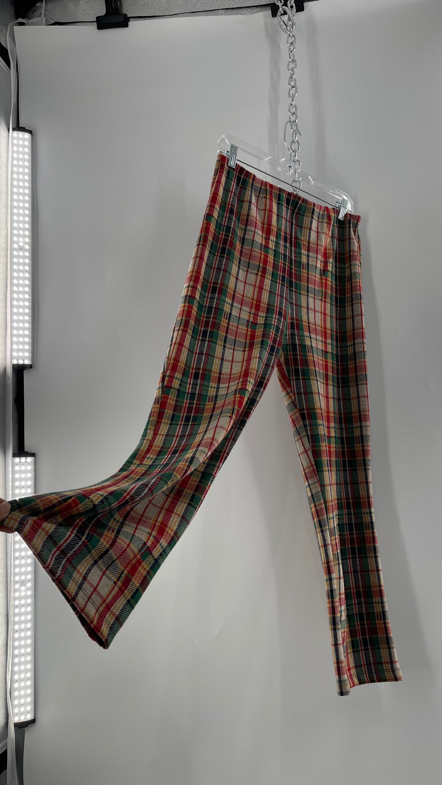 Free People Red\Green Plaid Knit Straight Leg Pants with Elastic Waist ( L)