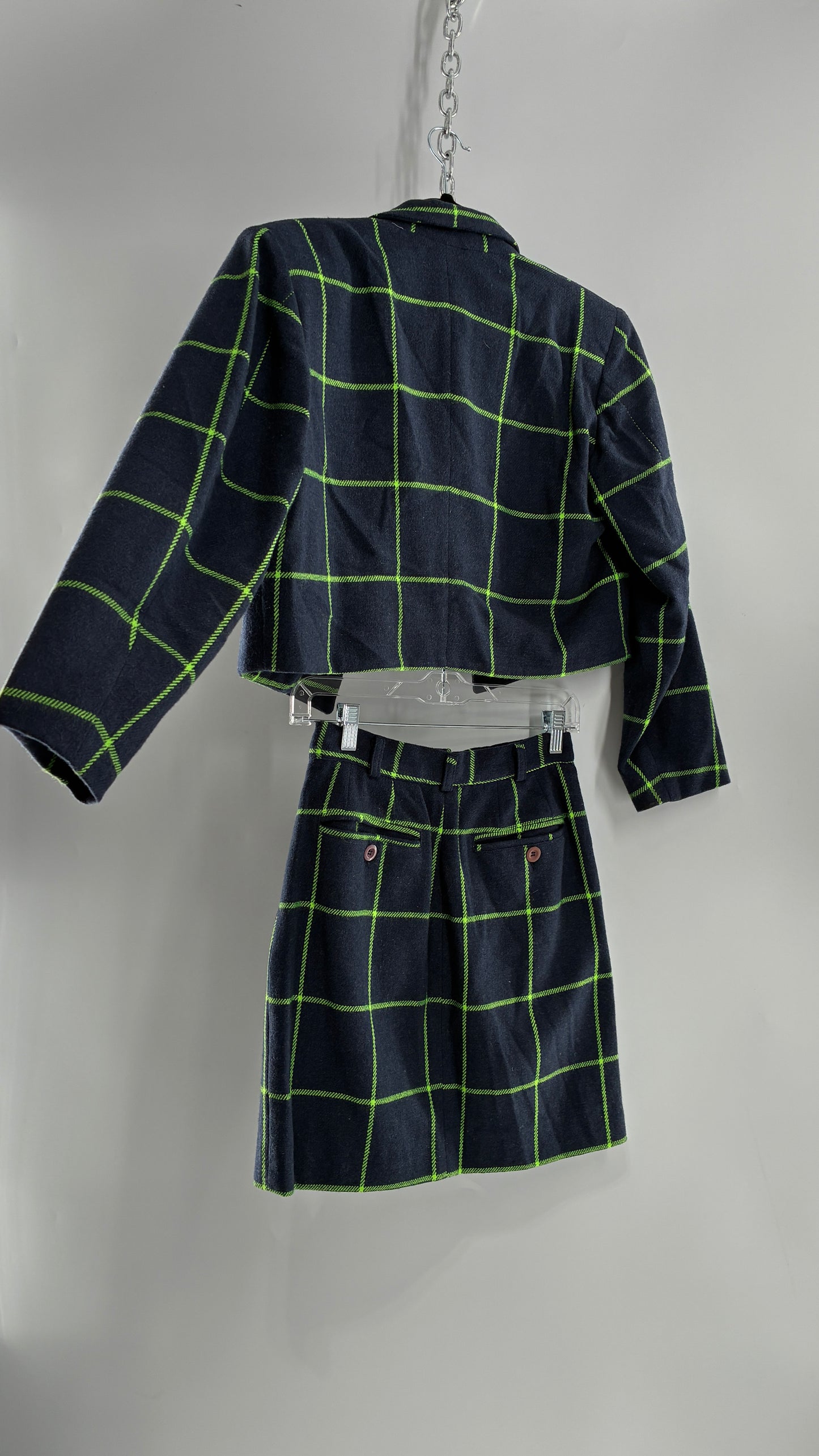 Vintage FIORUCCI GANG Navy and Neon Green Plaid Suit Set with Cropped Blazer and Mini Skirt (40,42)