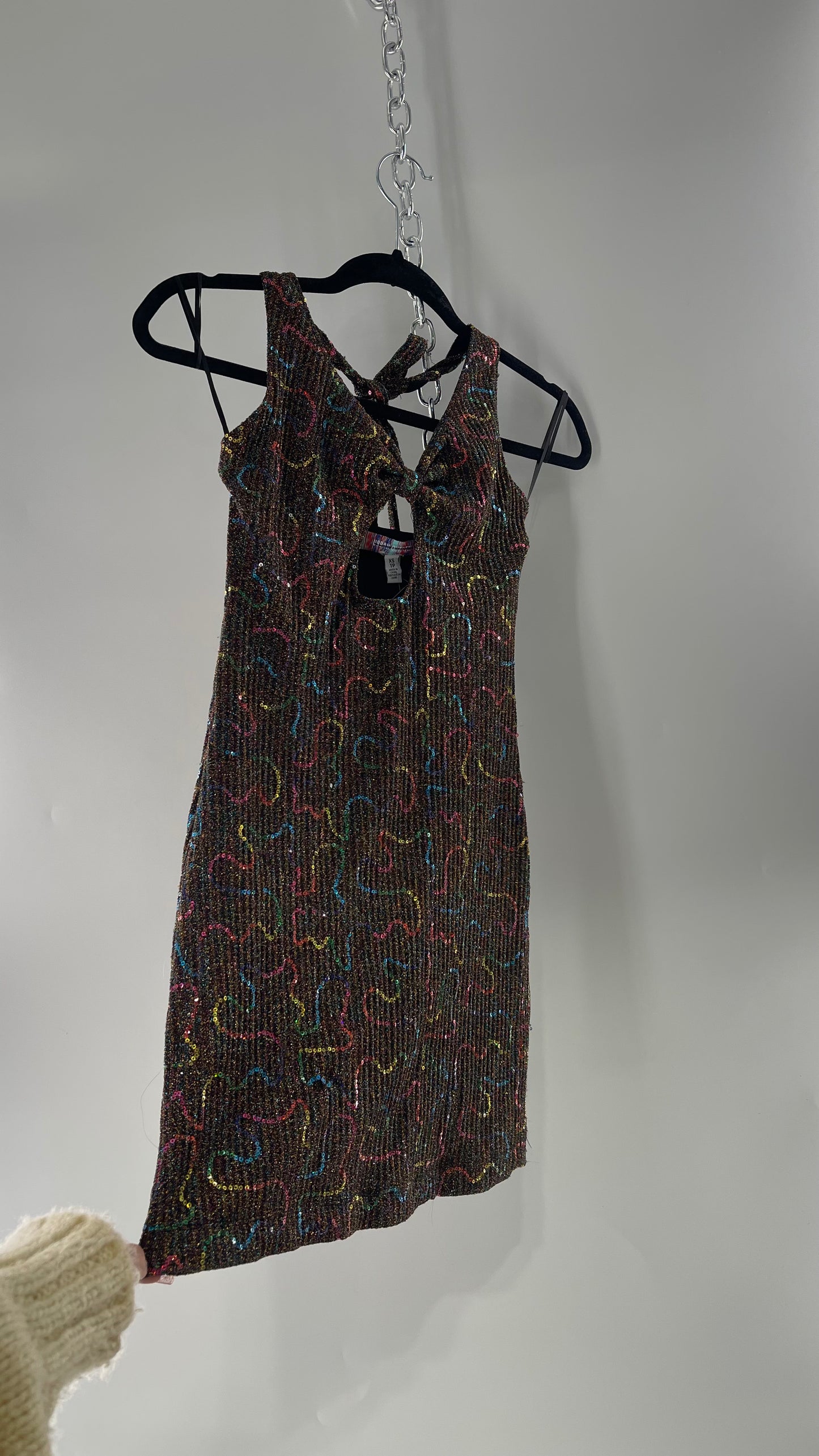 Urban Outfitters Gold Tinsel Rainbow Sequin Halter Mini (XS)