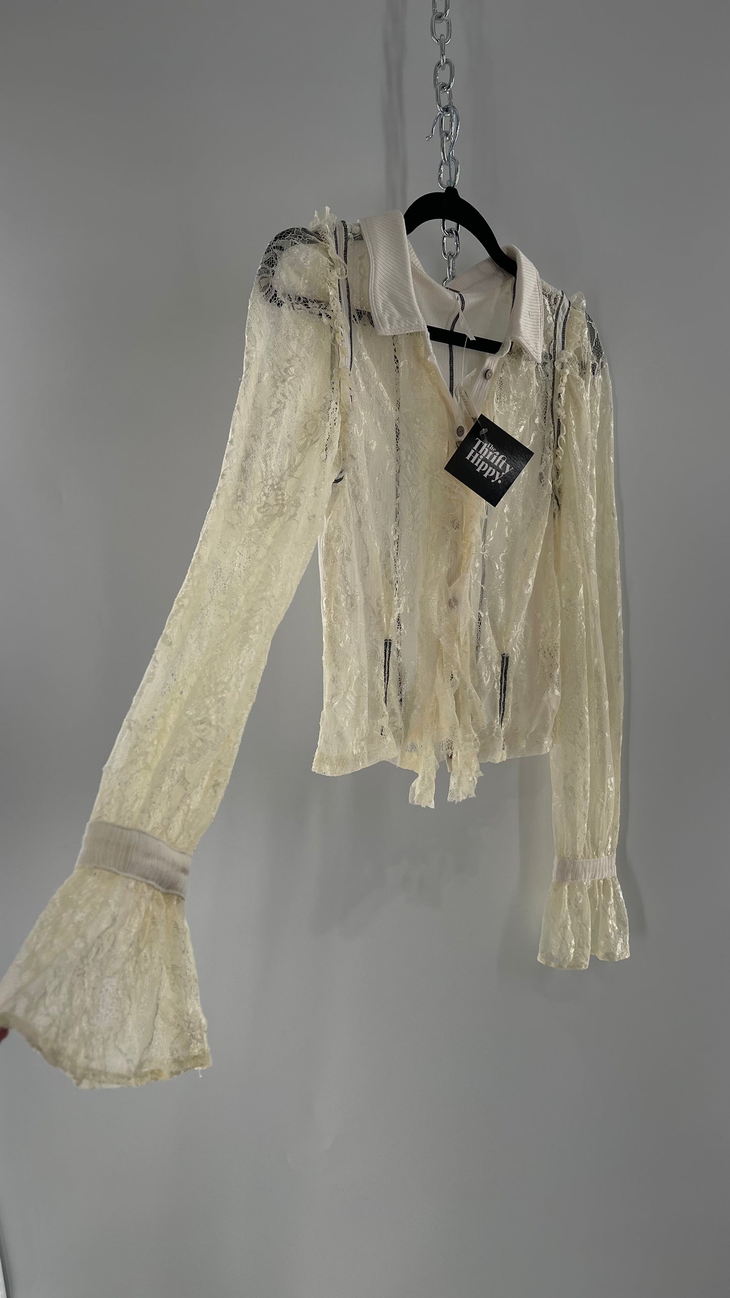 Free People White Lace/Ribbed BodyCon Button Up with Tags Attached (Large)