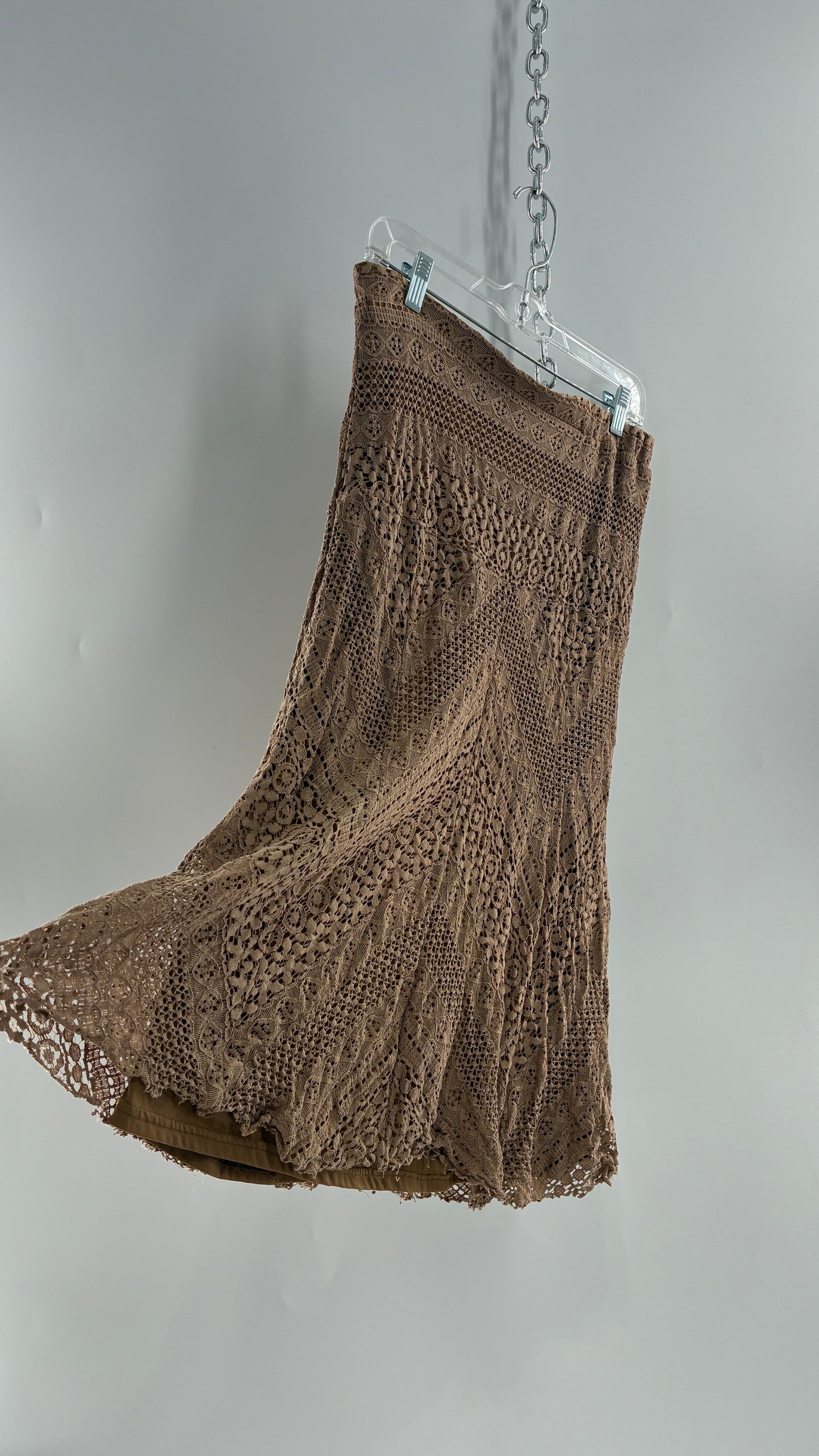 Vintage SOLITAIRE Tan Brown Lace Midi Skirt (Medium)