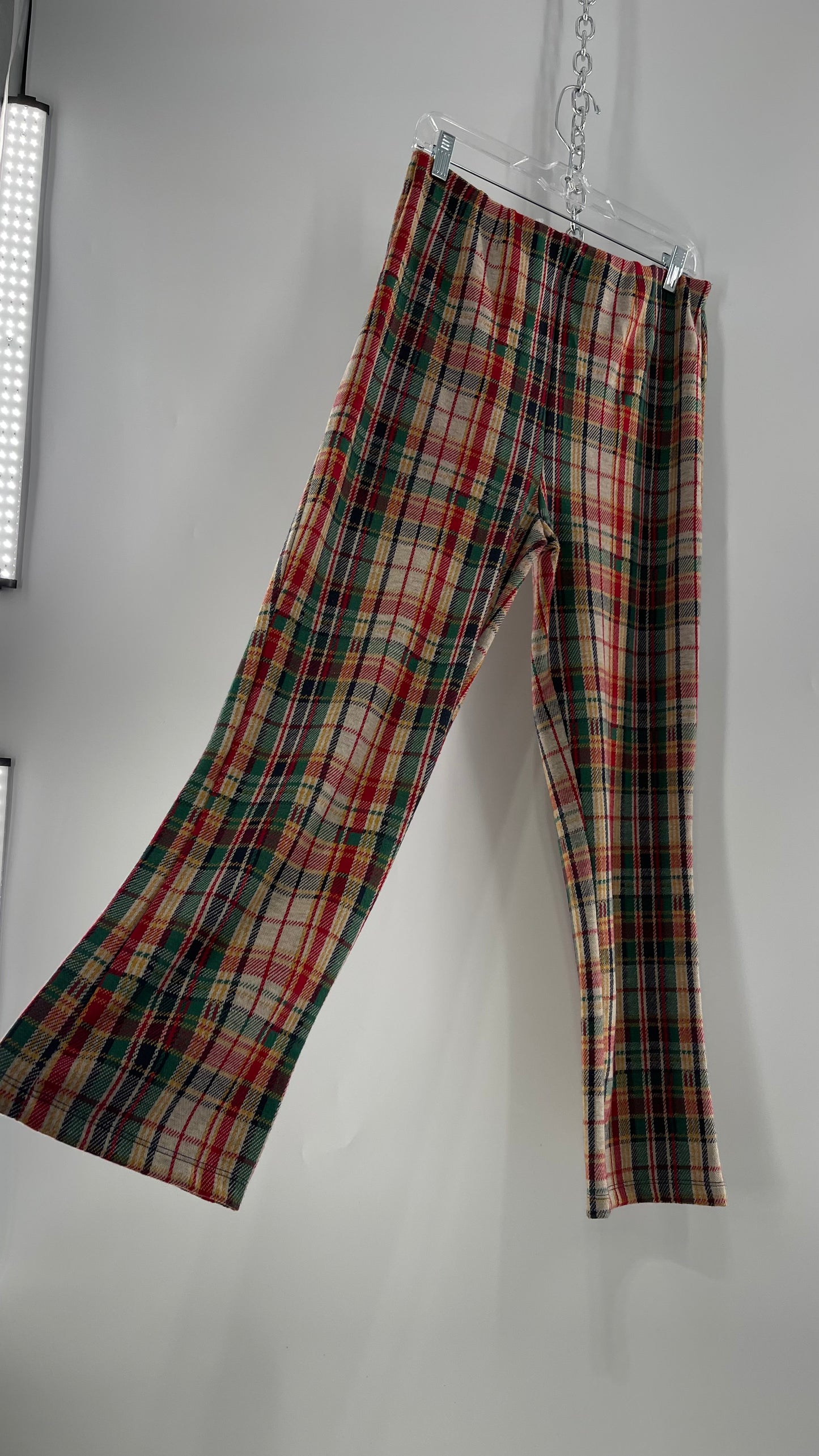 Free People Red\Green Plaid Knit Straight Leg Pants with Elastic Waist ( L)