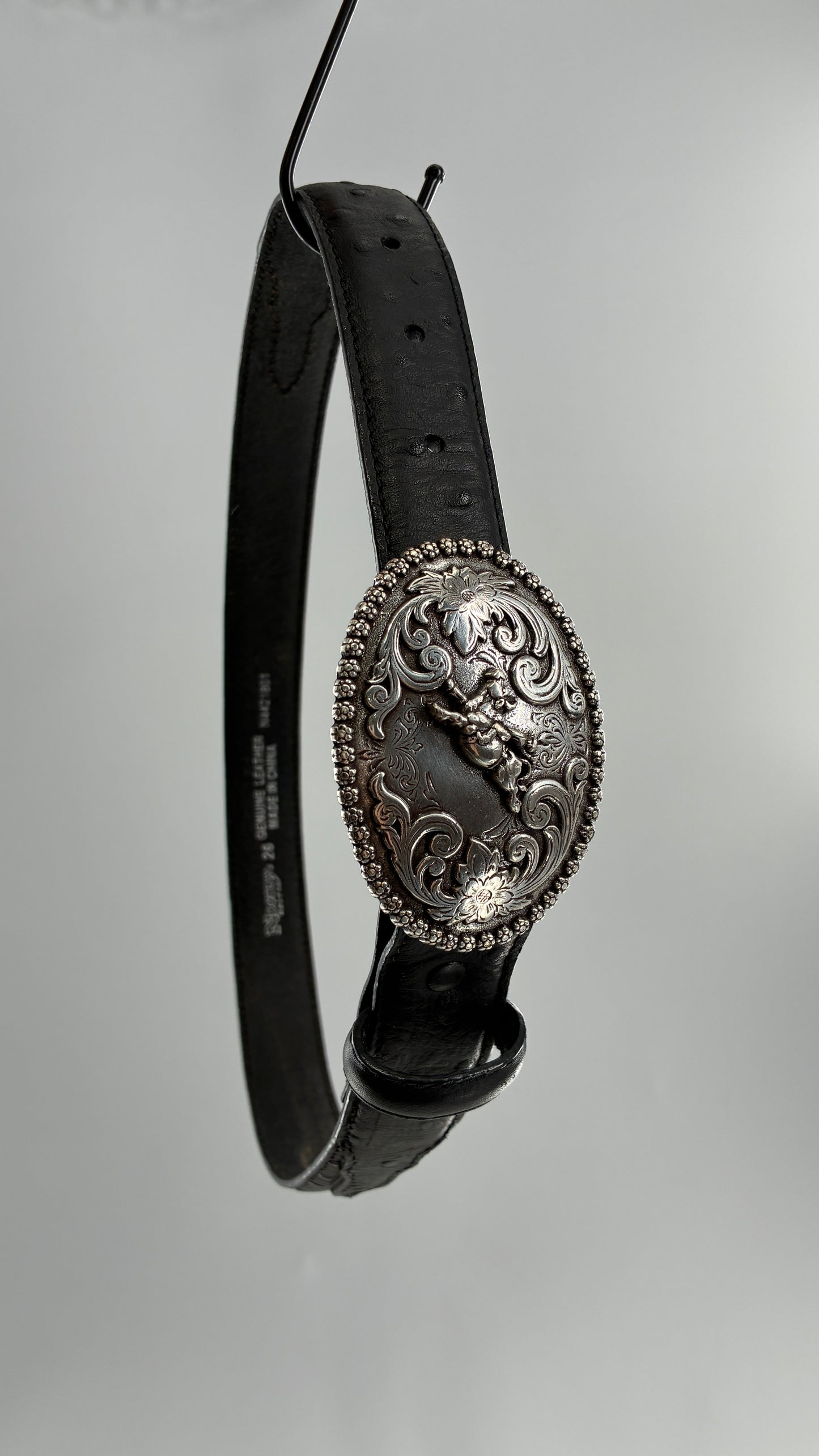 Vintage NOCONA Black Leather Western Style Belt with Oversized Engraved Cowboy Buckle (26)