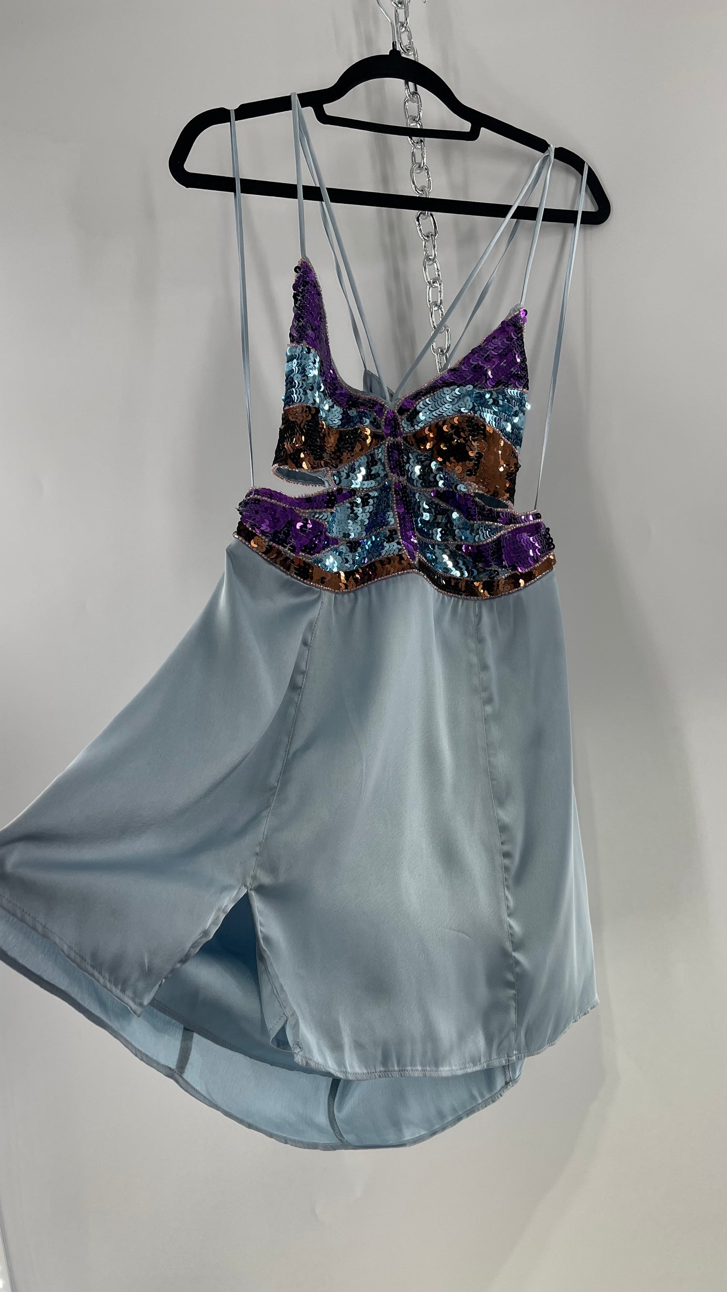 Urban Outfitters Light Blue Satin Butterfly Sequin Size L