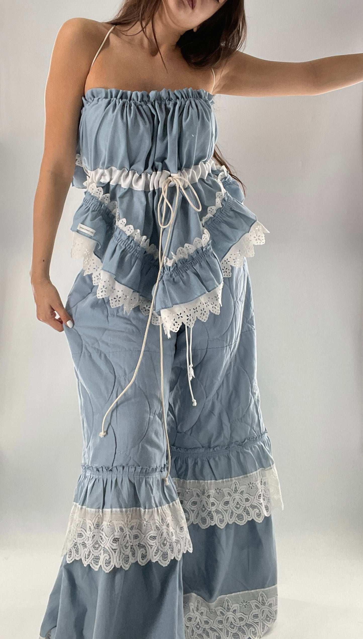 Vintage 2 Piece Powder Blue Set Featuring 2Way Blouse and Quilted Trousers Covered in Ruffles, Lace and Trim (One Size)