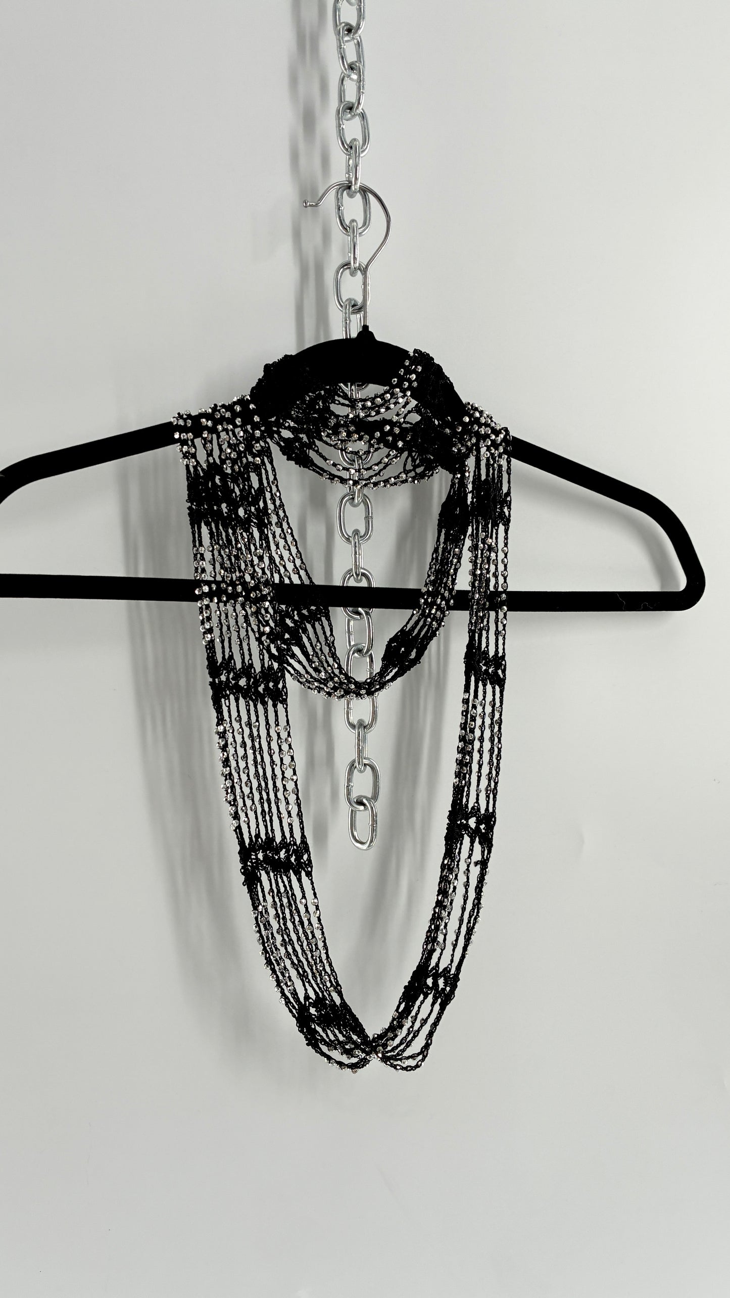 Vintage Black Crochet Infinity Scarf with Silver Pebble Beading