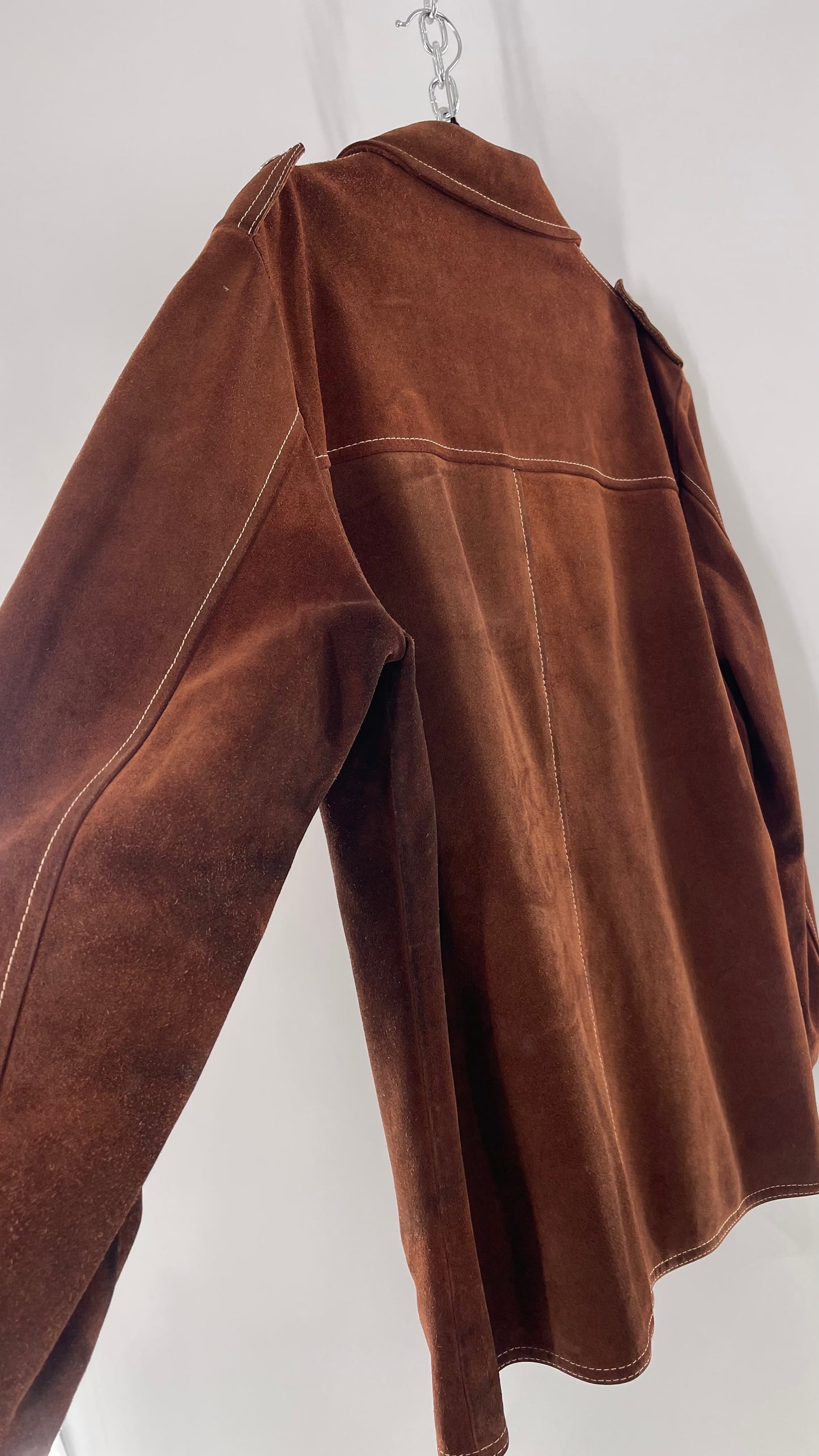 Vintage Brown Suede Jacket with Contrast White Stitching (C)(Large)
