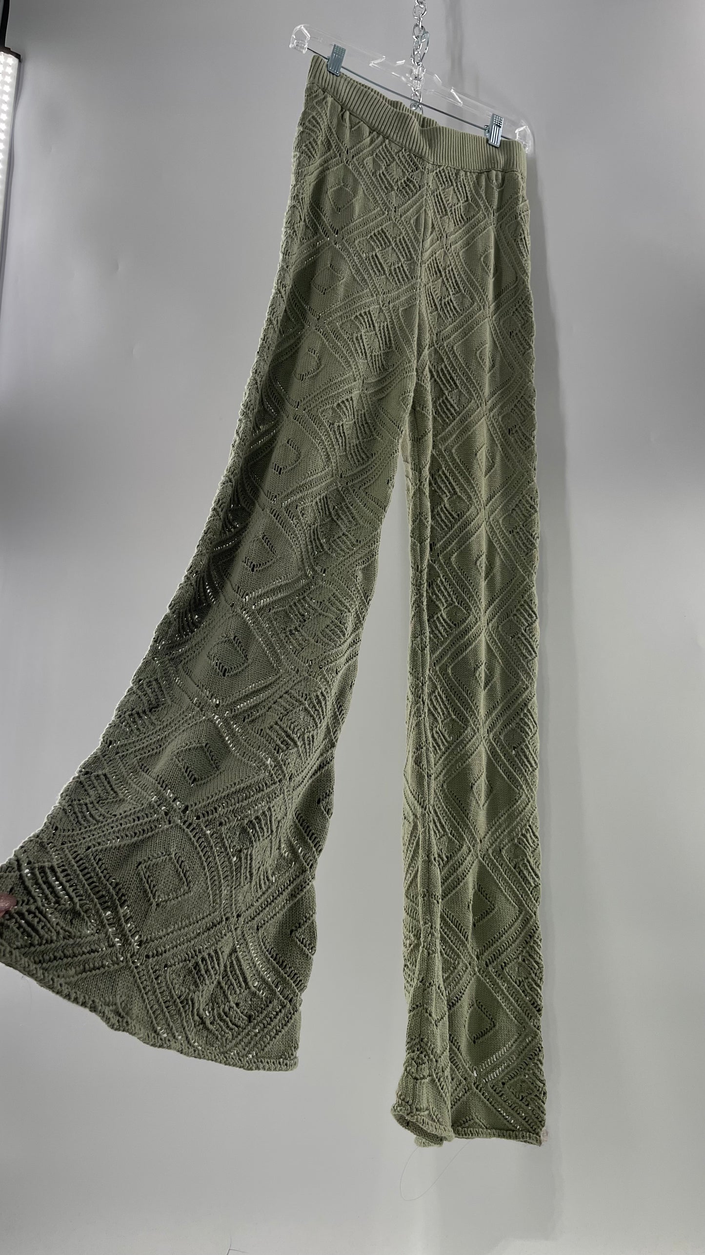 Free People Beach Sage Green Crochet Wooden Button Front Cardigan and Wide Leg Set (Medium)