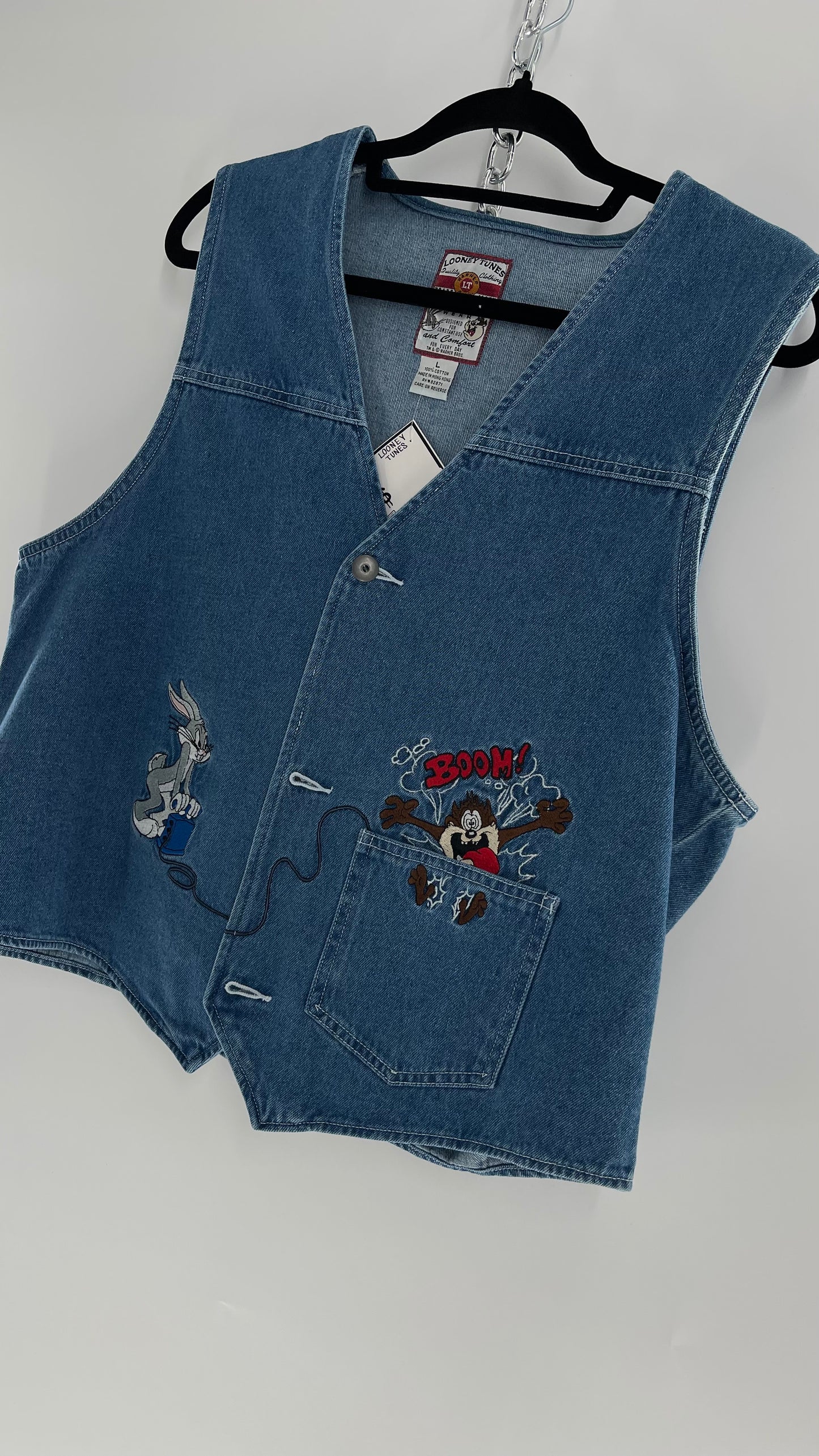 Vintage Looney Tunes Denim Vest with Embroidered Characters (Large)