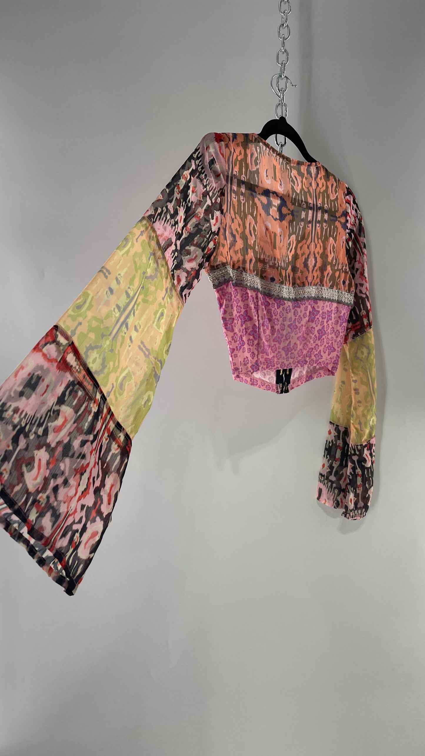 Free People Walk that Walk Mixed Pattern Sheer Bell Sleeve Colorful Crop (XS)