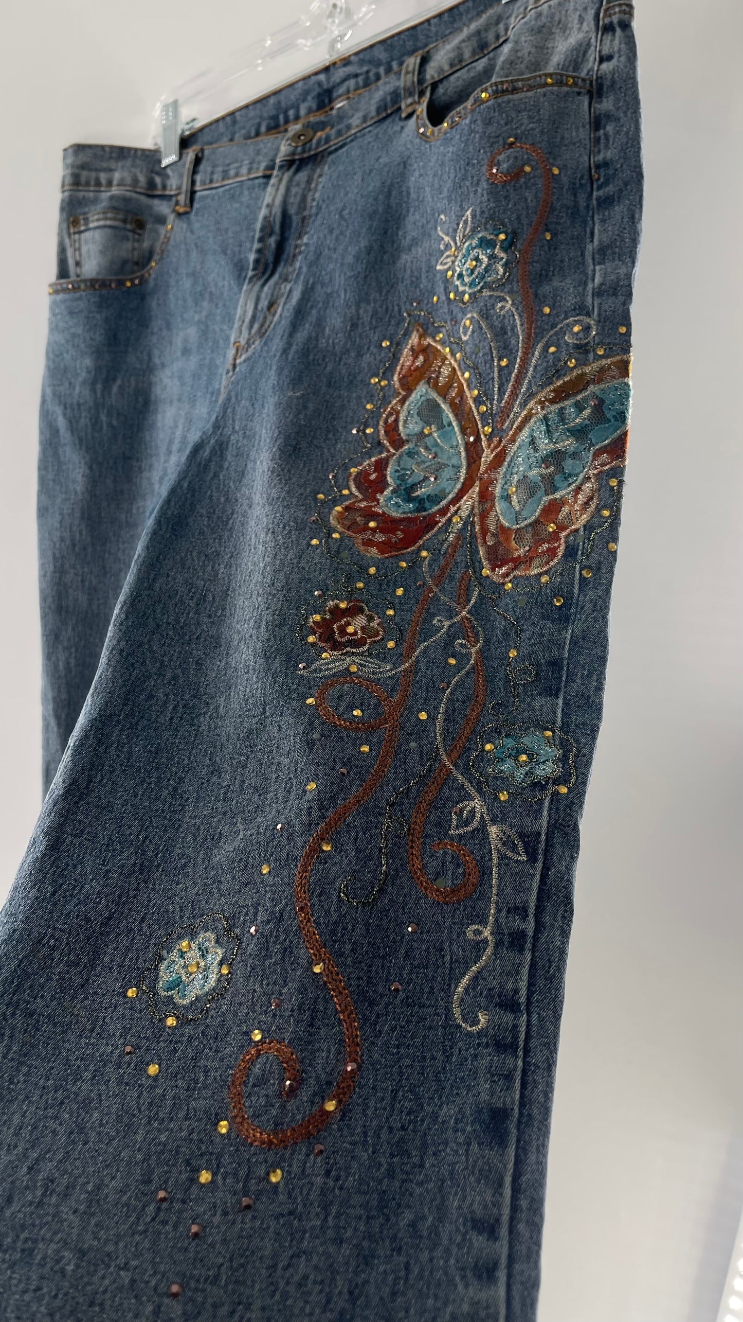 Vintage Diane Gilman Kickflare Denim with Embroidered Butterfly Motifs (14)