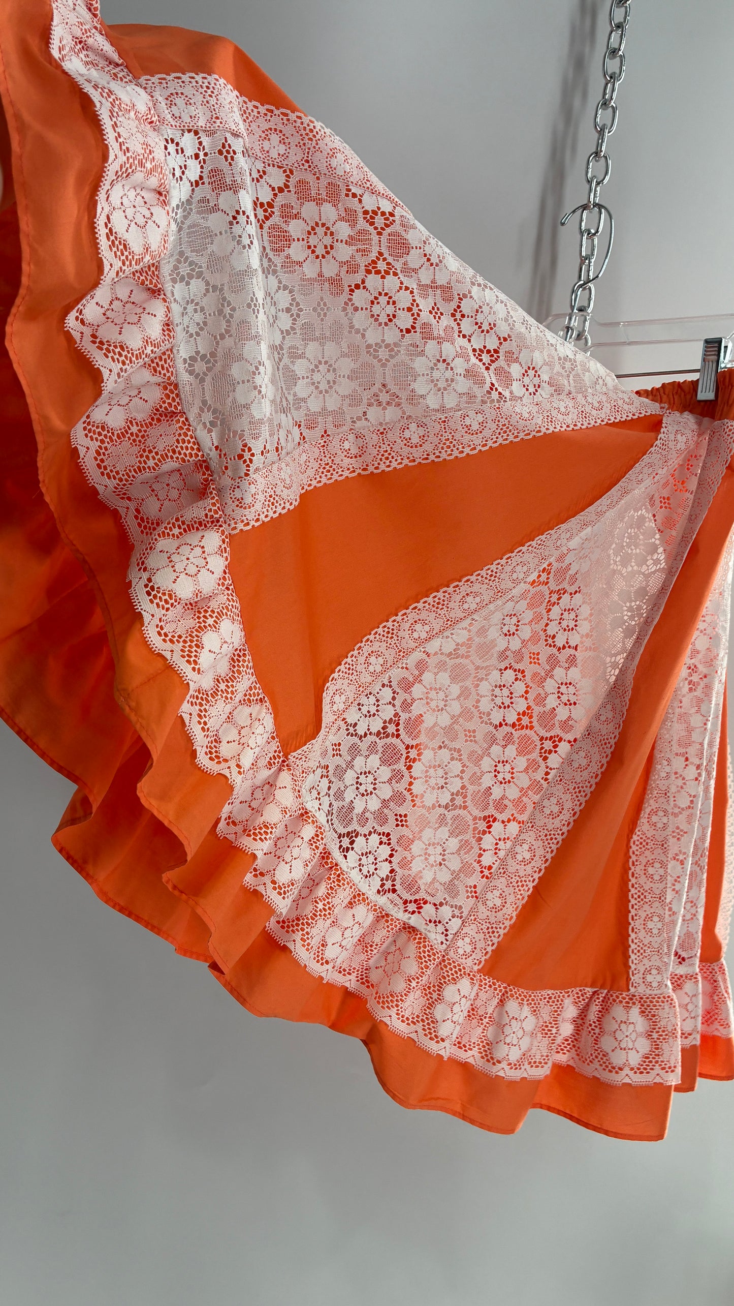 Vintage 1970s Handmade Sheer Lace Paneled Orange Mini Skirt (XL)