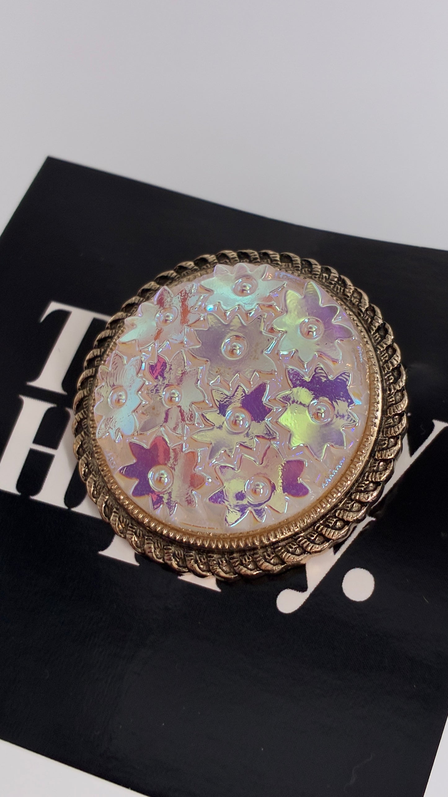 Vintage Scarf Ring Loop with Gold Metal Border and Iridescent Flowers