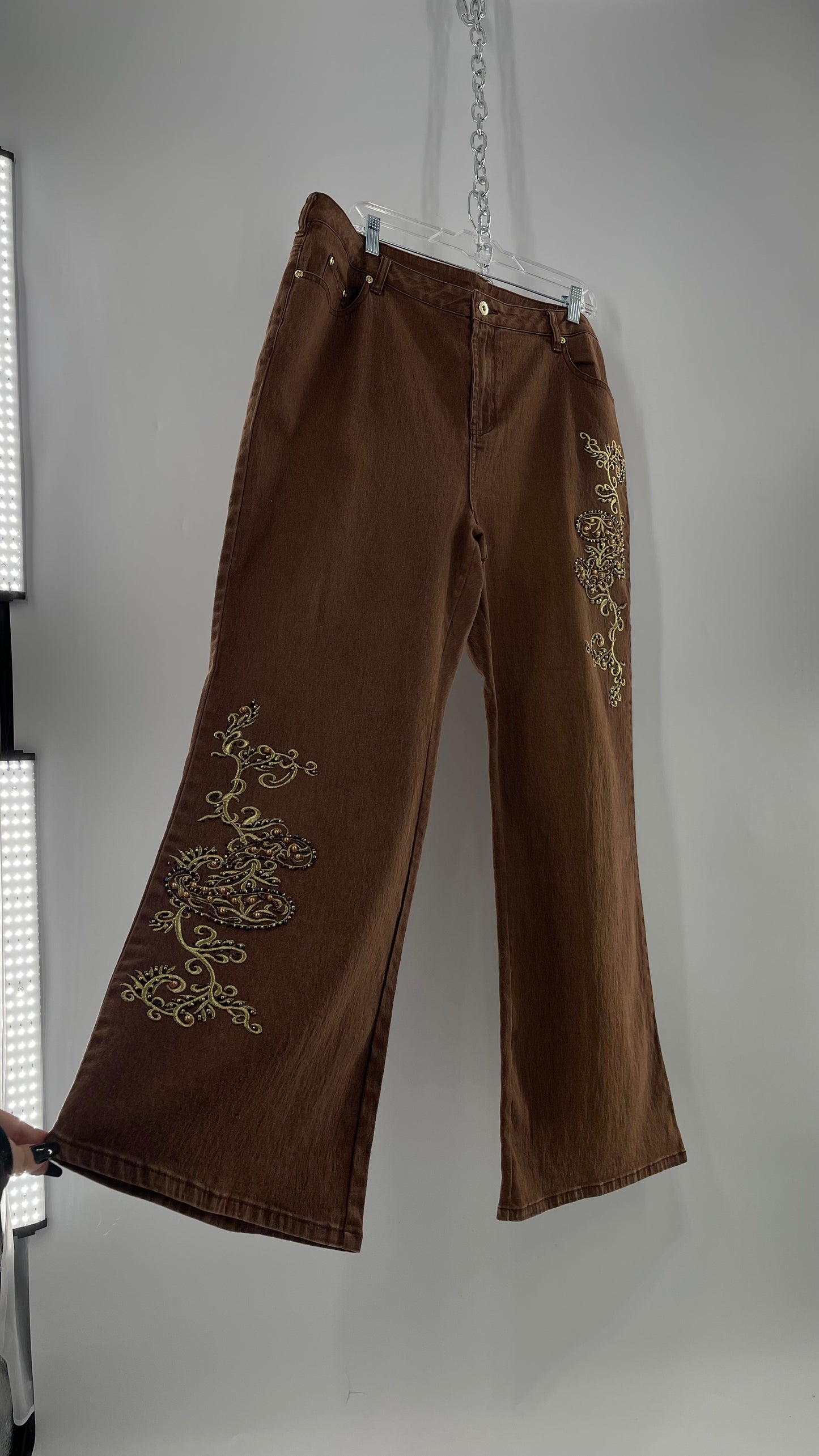 Vintage Midnight Velvet Embroidered + Beaded Brown Flares (18W)