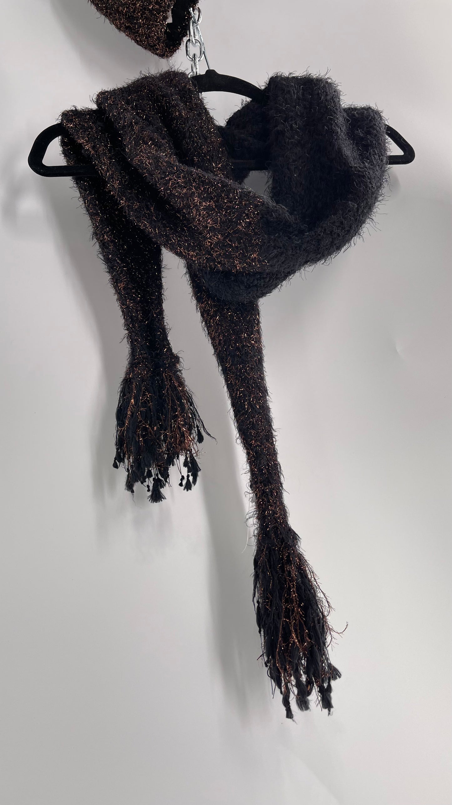 Anthropologie Bronze Tinsel Black Knit Beanie and Skinny Pom Scarf 2pc Set with Tags Attached