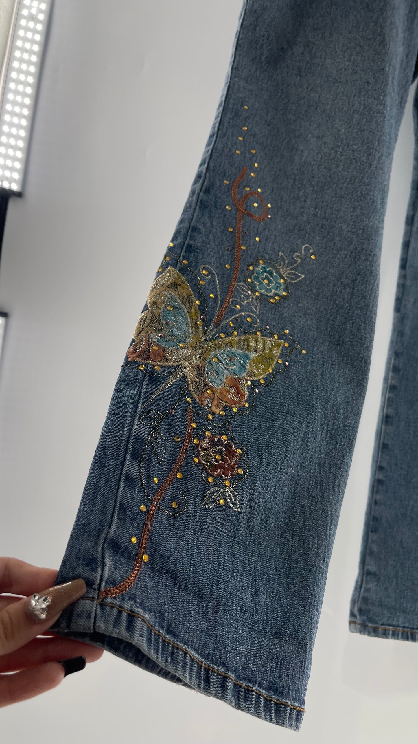 Vintage Diane Gilman Kickflare Denim with Embroidered Butterfly Motifs (14)