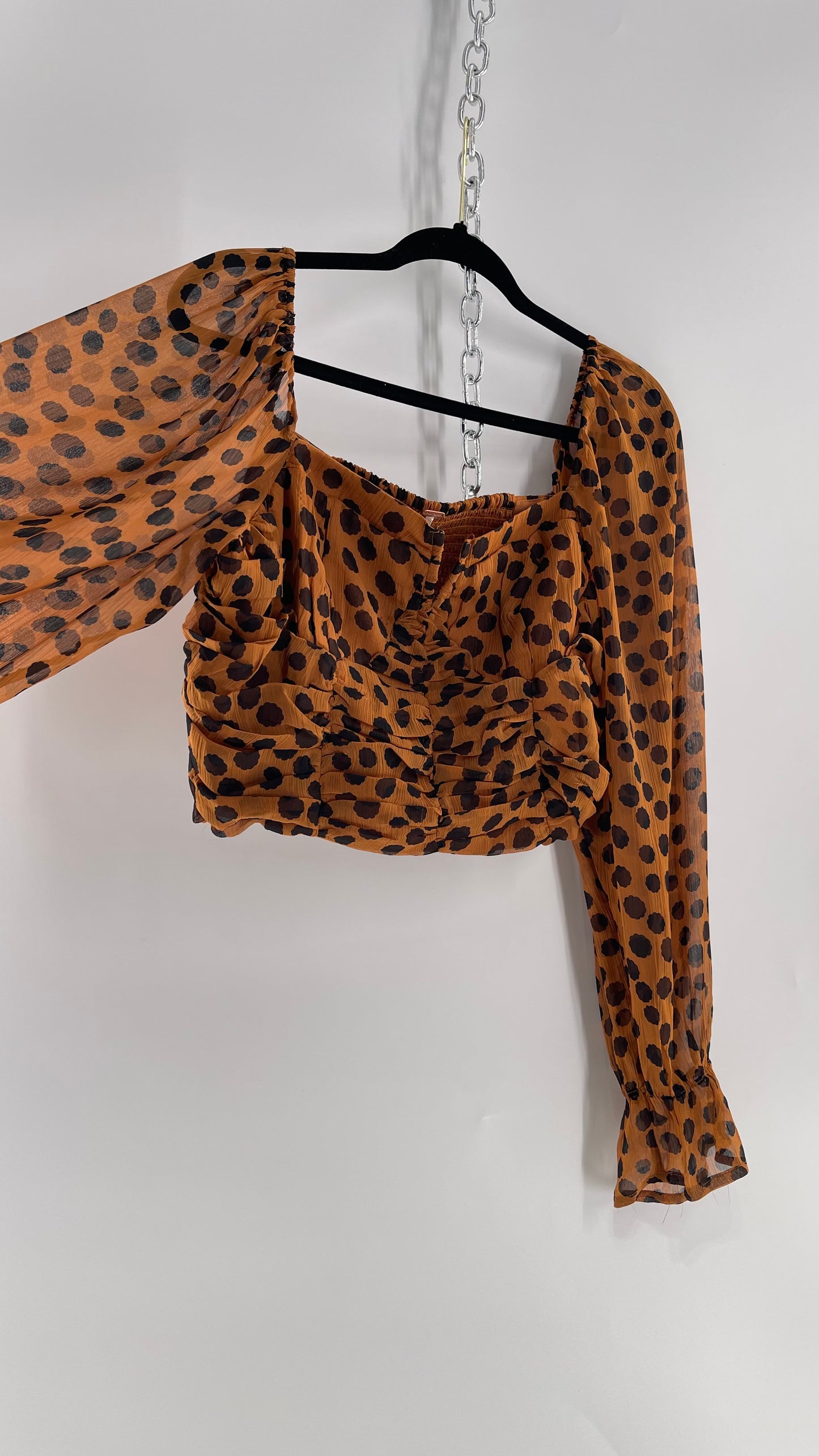 Free People Brown Black Animal Print Blouse with Ruched Bodice and Tags Attached (Large)