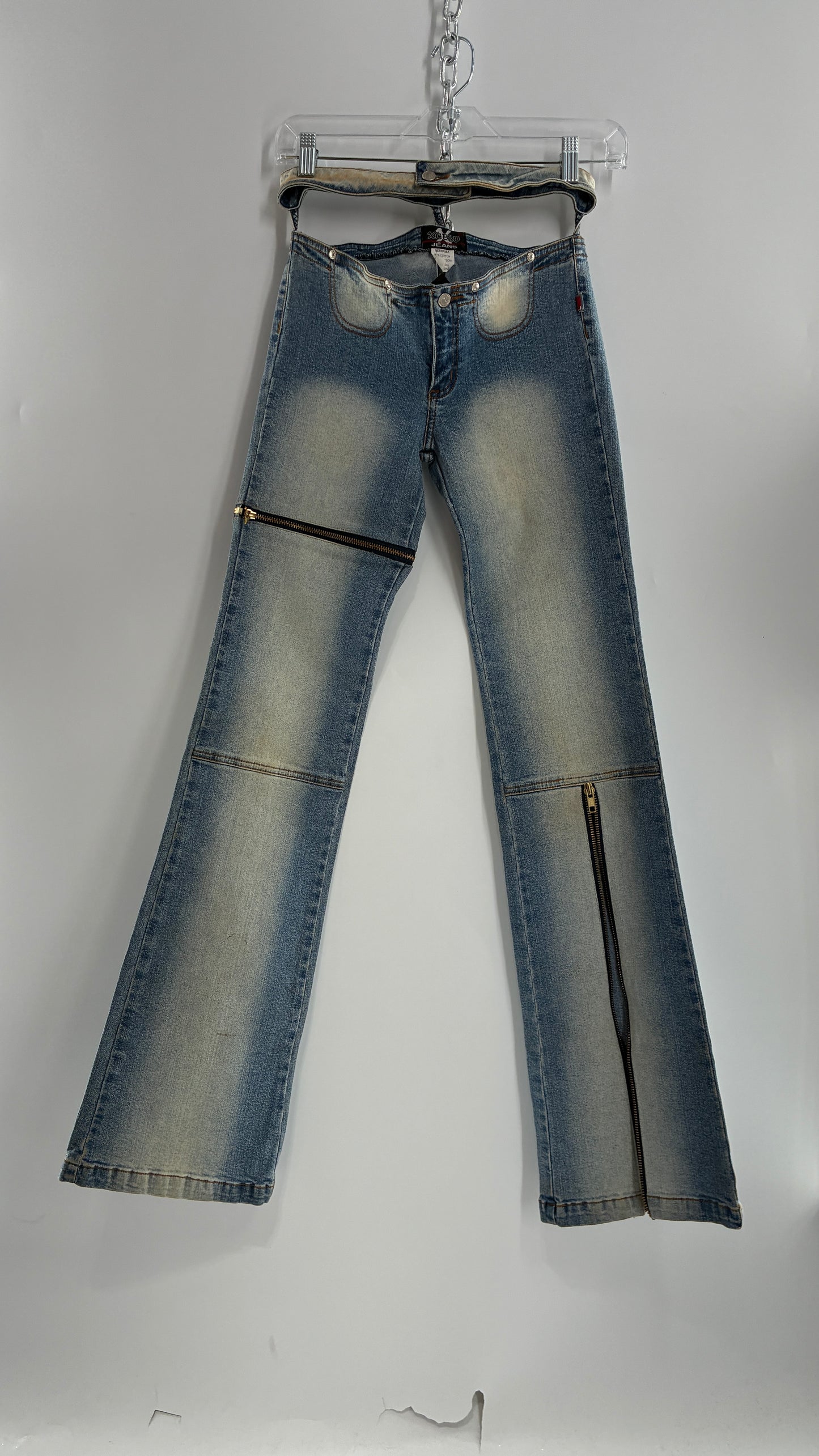 Vintage XCESO JEANS Rare Faded Double Waistband Kickflare Jeans with Functional Zipper Details (Medium*)