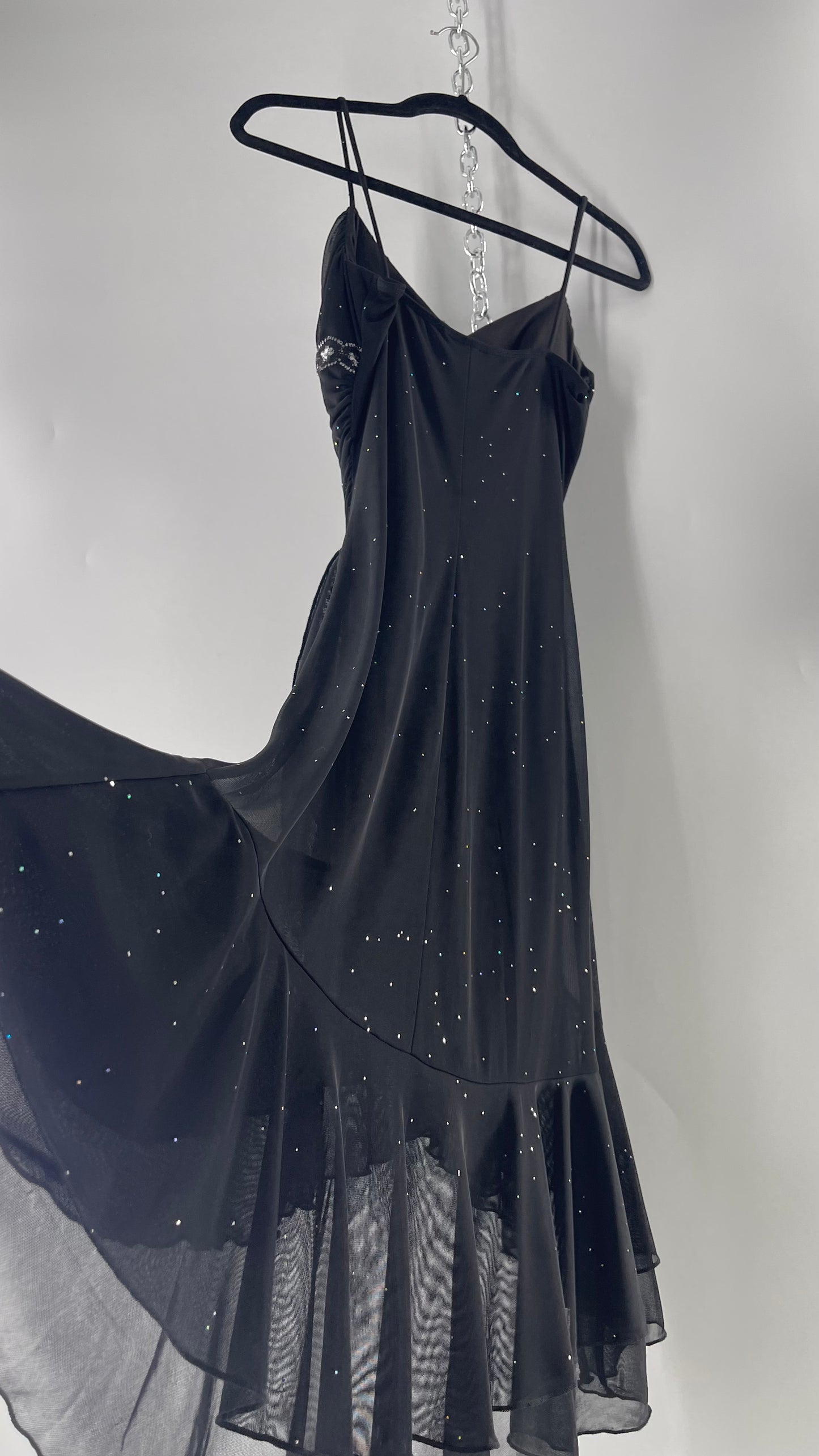 Vintage Taboo Midi Dress with Iridescent Sequins with Lace Underbust Detail, High Low Silhouette and Frills (Medium)
