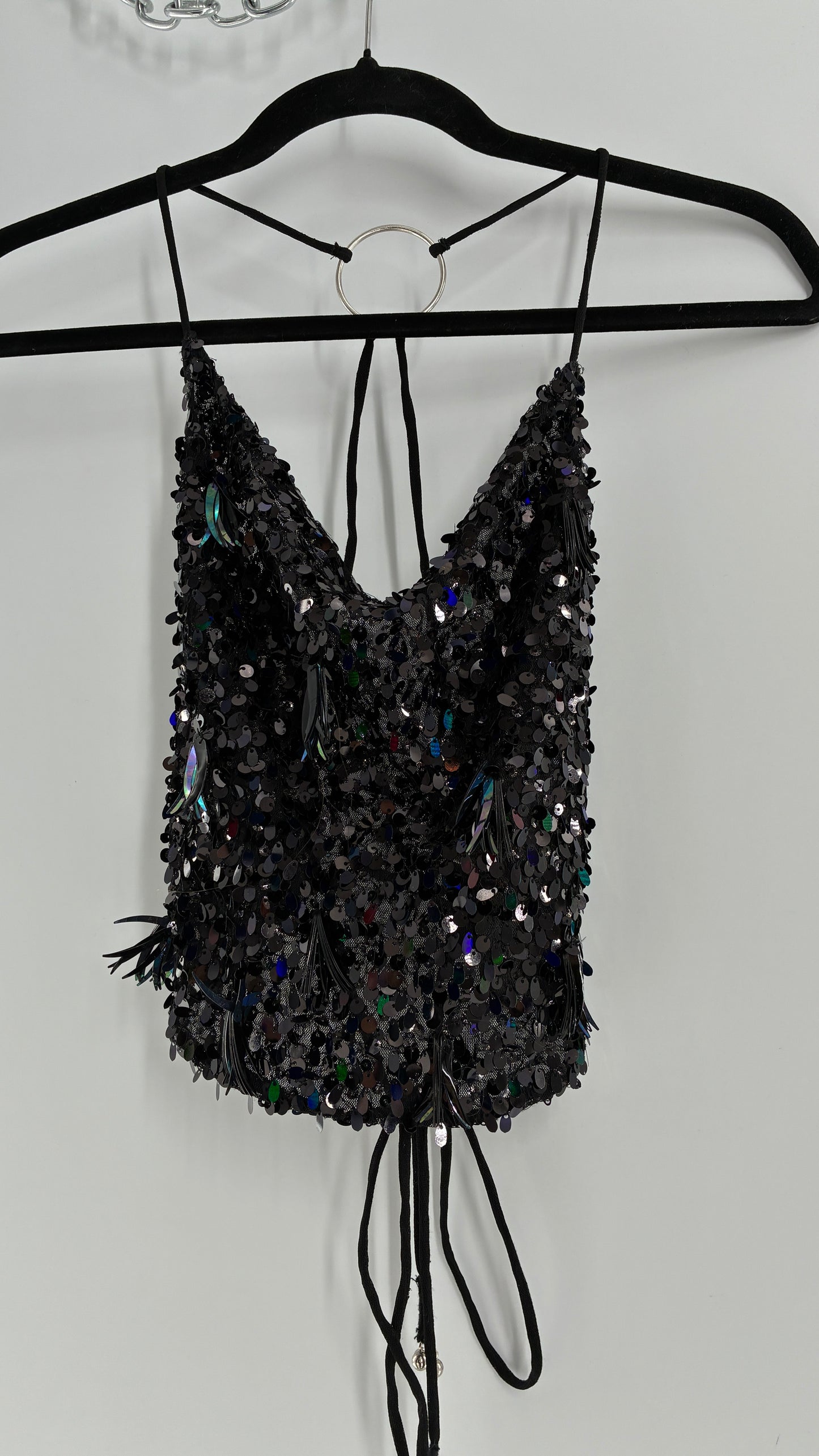 Free People Black Open, Tie Up Back Camisole Covered in Sequins with Silver Hoop Details (XS)