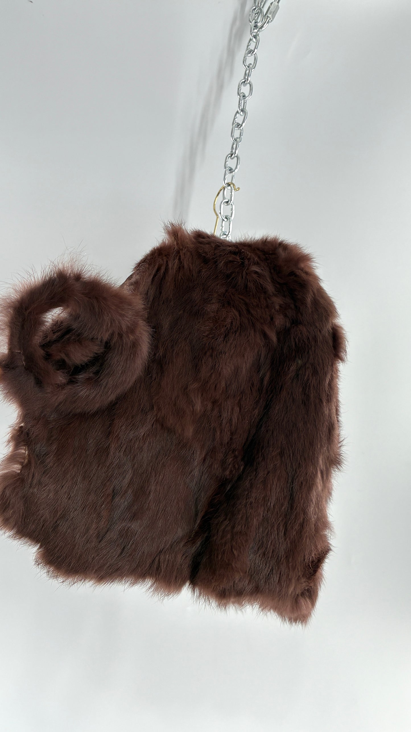 Vintage CAROLINE 100% Rabbit Fur Brown Shrug Cape with Oversized Round Buckle (One Size)