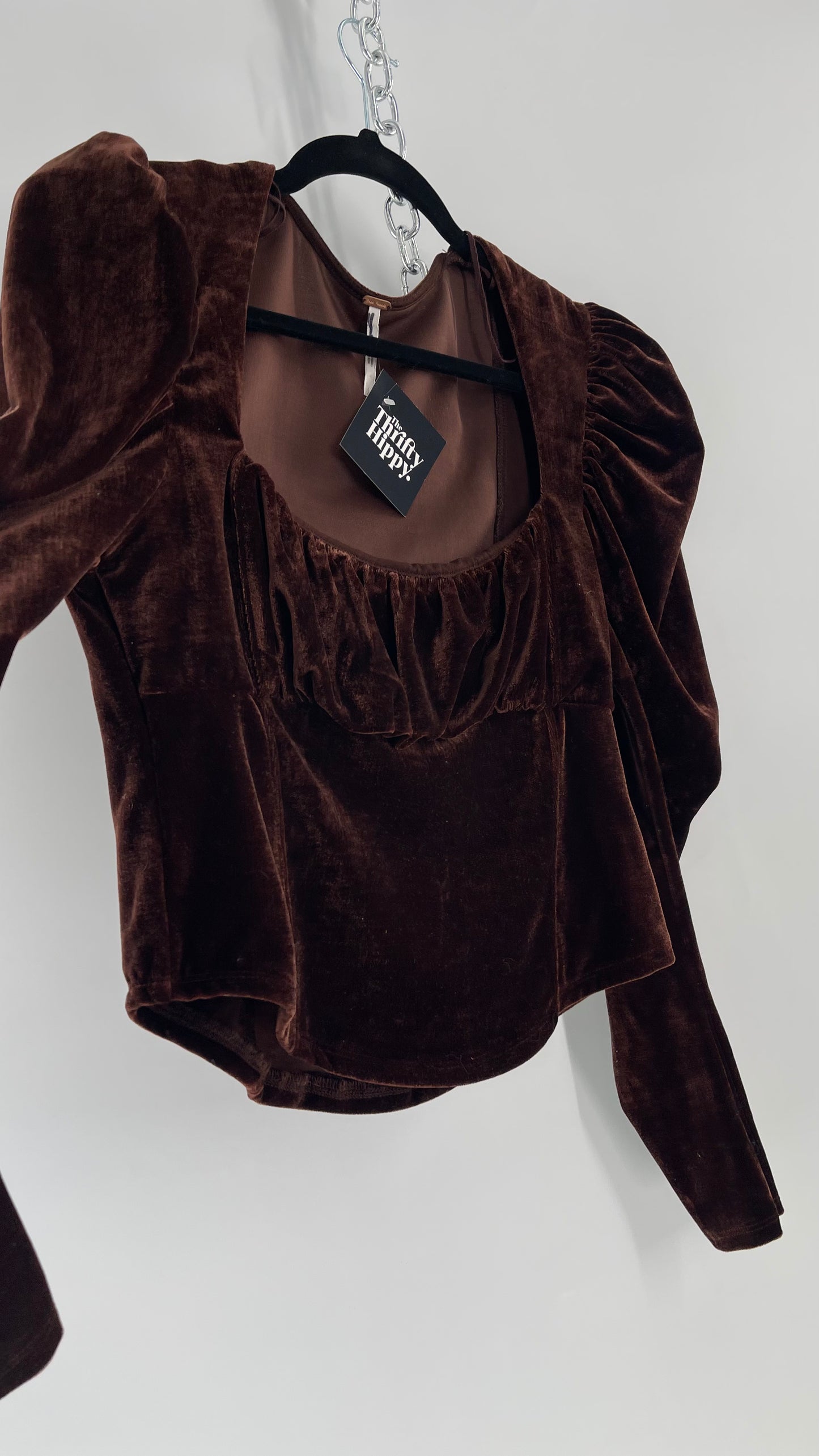 Free People Dark Brown Velvet Long Sleeve Cropped Blouse with Milkmaid Neckline and Renaissance Puff Shoulder (Large)