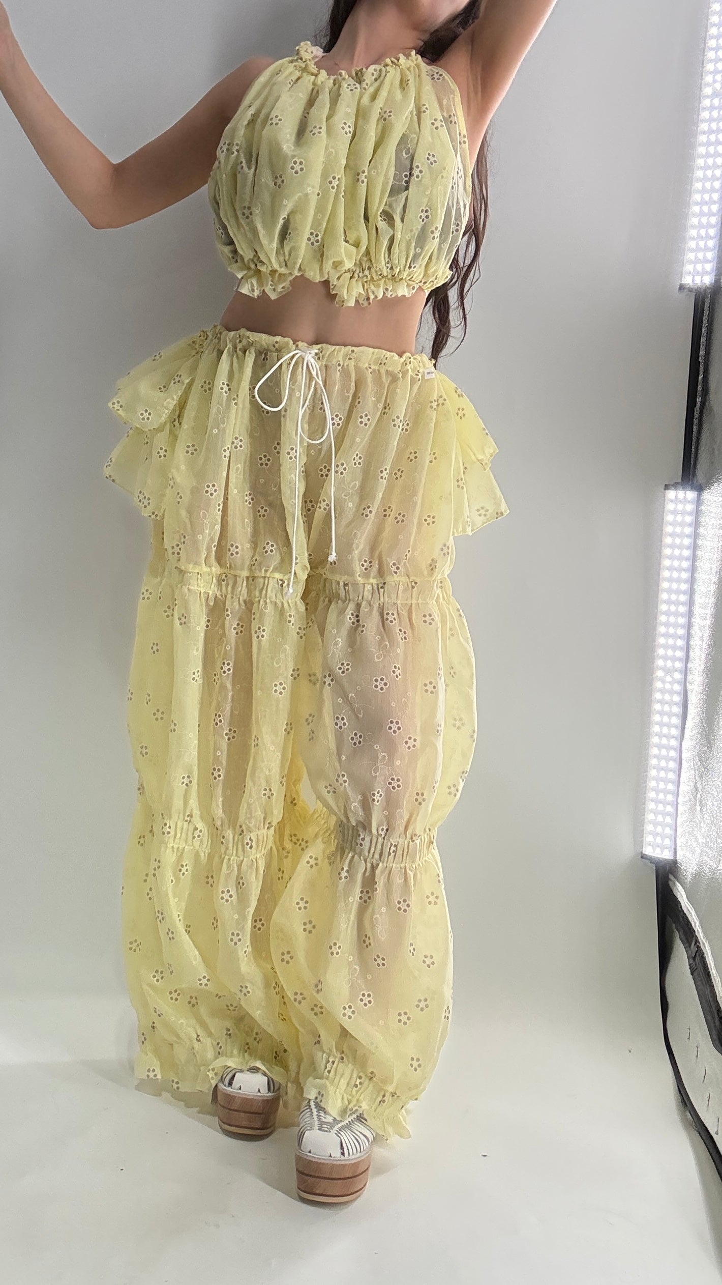 Vintage Handmade 2pc Baby Yellow Set with Tiered Pants, Ruffled Bum, and Floral Eyelet Pattern (XS-M)