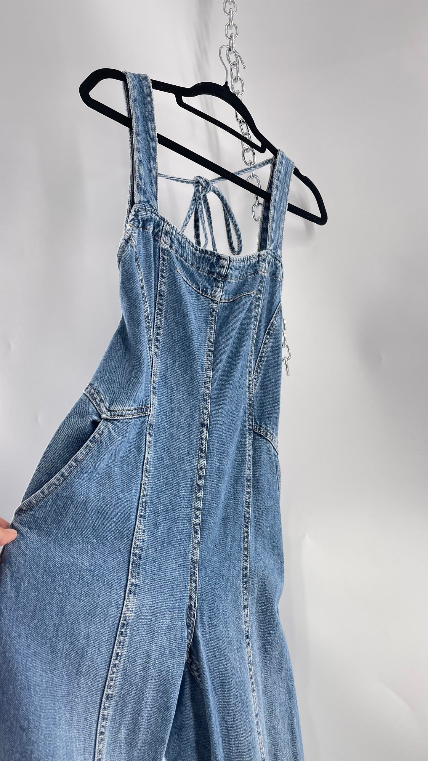 Free People Denim Backless Wide Leg Jumpsuit with Tags Attached (Small)