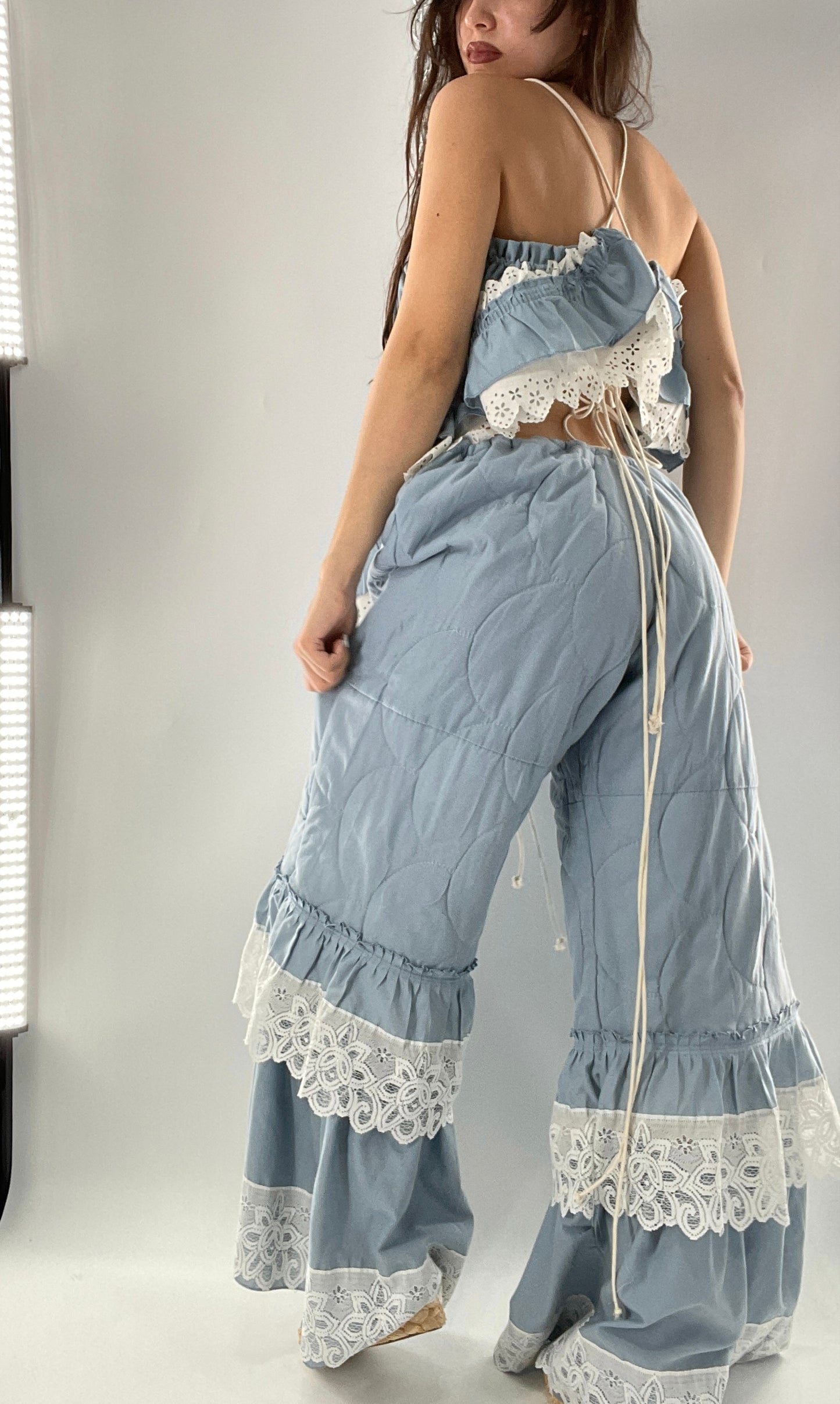 Vintage 2 Piece Powder Blue Set Featuring 2Way Blouse and Quilted Trousers Covered in Ruffles, Lace and Trim (One Size)