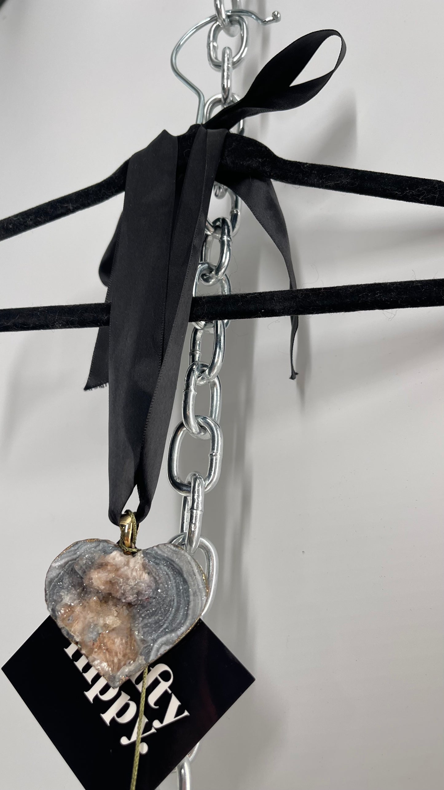 Vintage Geode Heart Stone Pendant Necklace with Black Ribbon