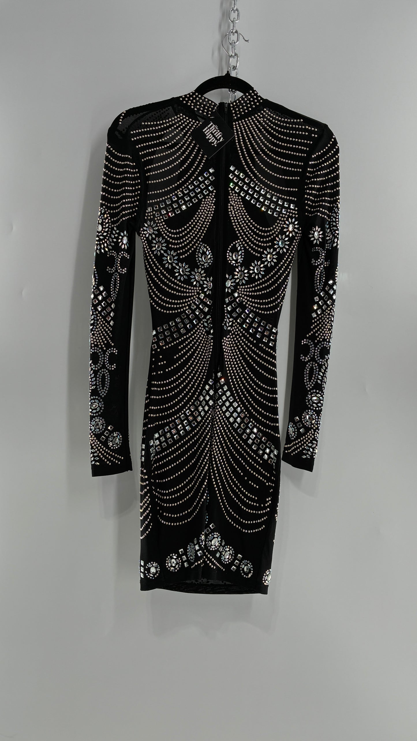 Black Bedazzled Mini Dress with Cut Out Details Covered in Gems (Small)