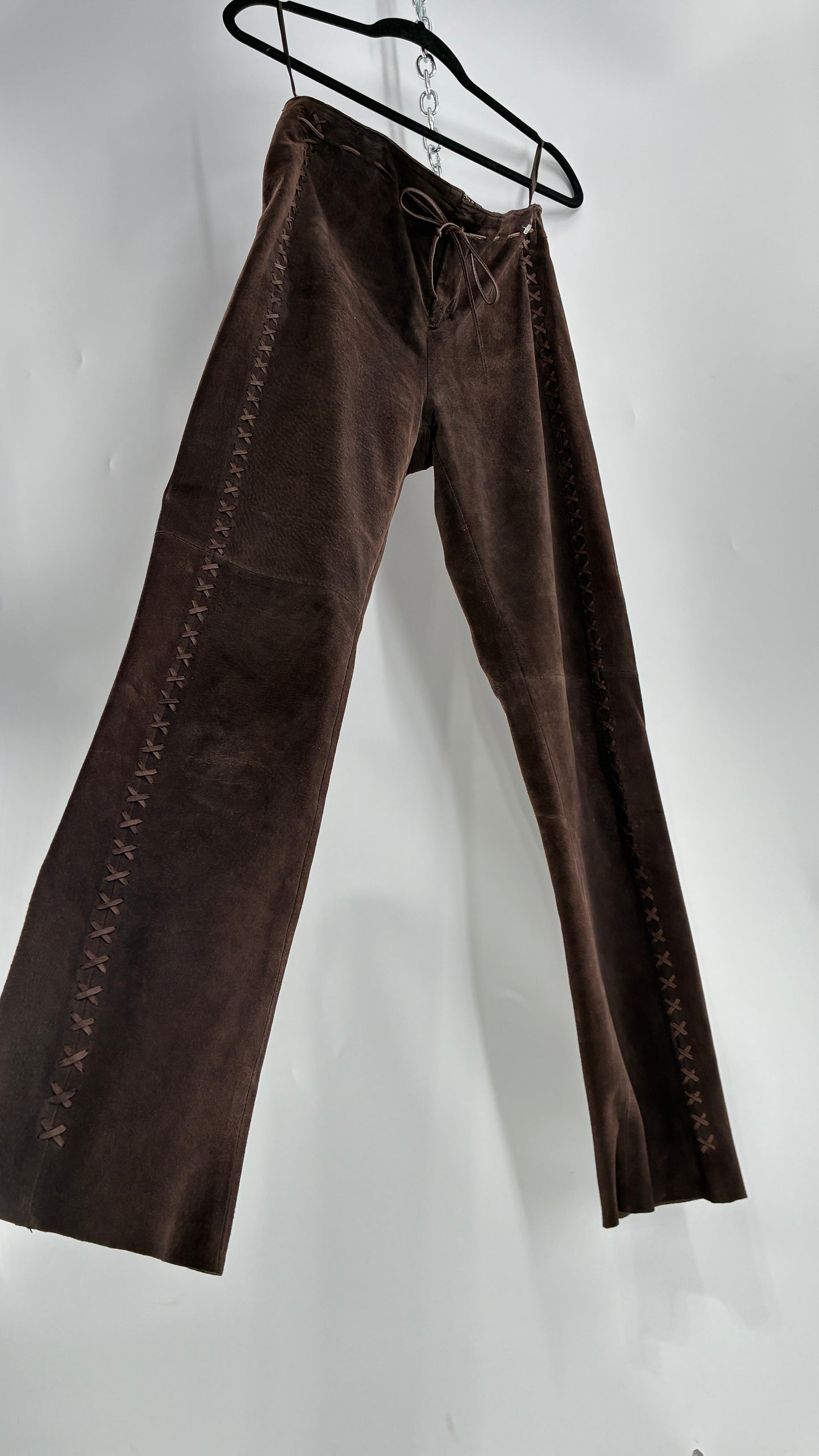 Vintage FOR JOSEPH Low Rise, Chocolate Brown Suede Pants with Leather Stitch Sides and Bow Closure (28)
