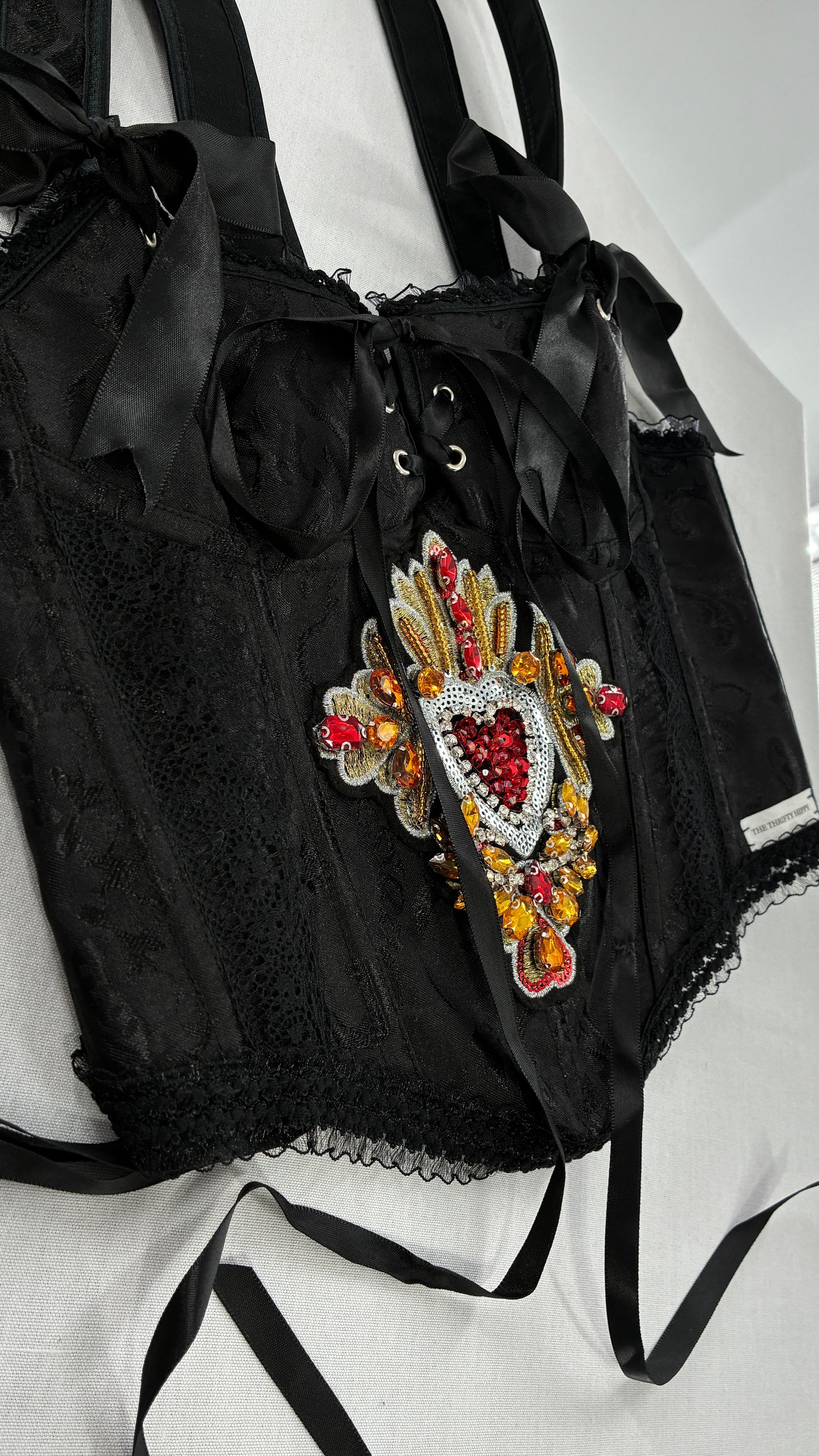Custom Black Jacquard Corset, Handmade with Heart Appliqué, Bows, Embroidery, Gemstones, Lace and Ruffles (S/M)