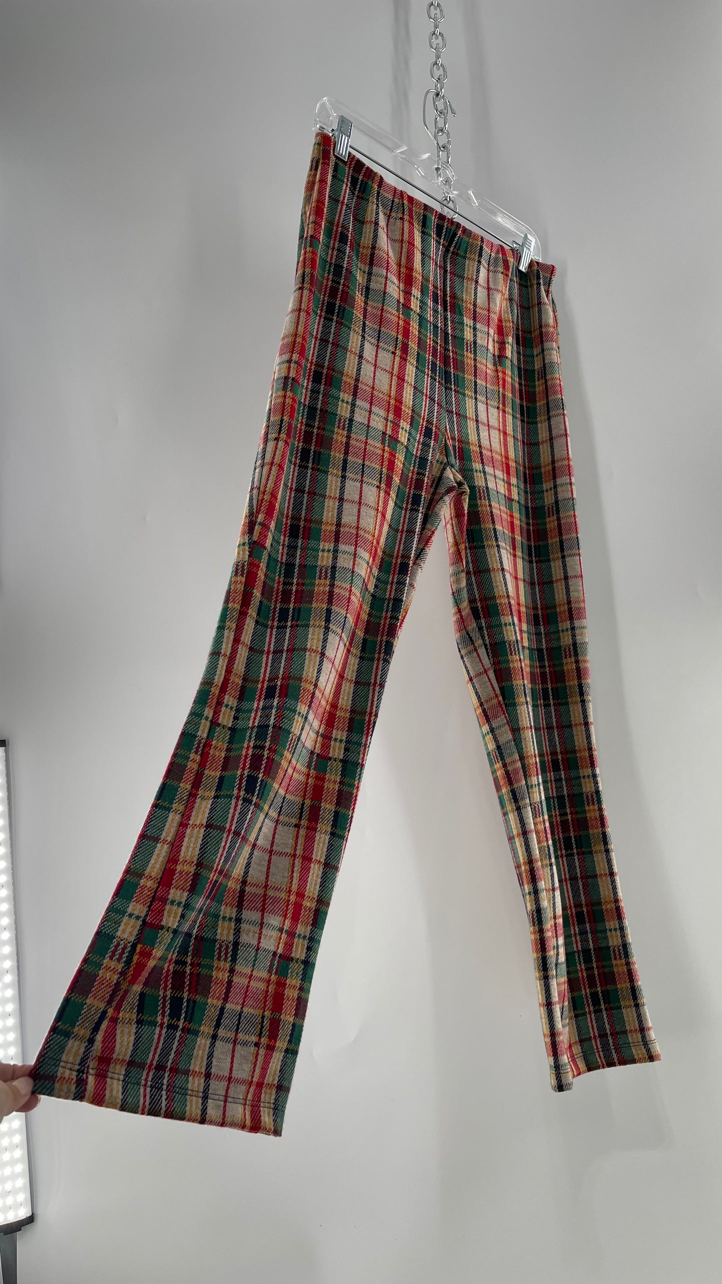 Free People Red\Green Plaid Knit Straight Leg Pants with Elastic Waist ( L)