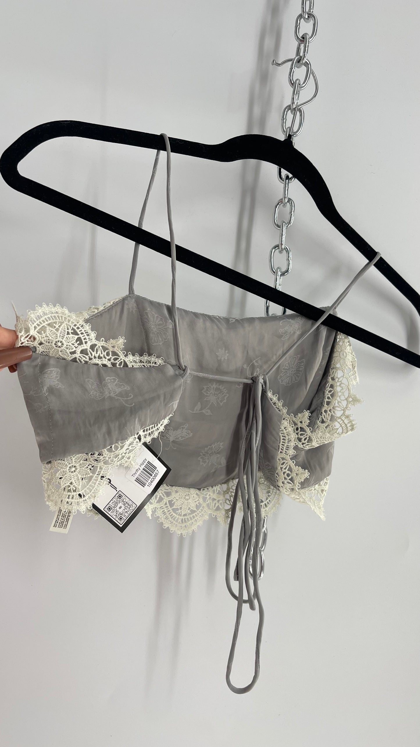 Intimately Free People Grey Silky Bustier with Tattoo Pattern and White Lace Trim (XS)