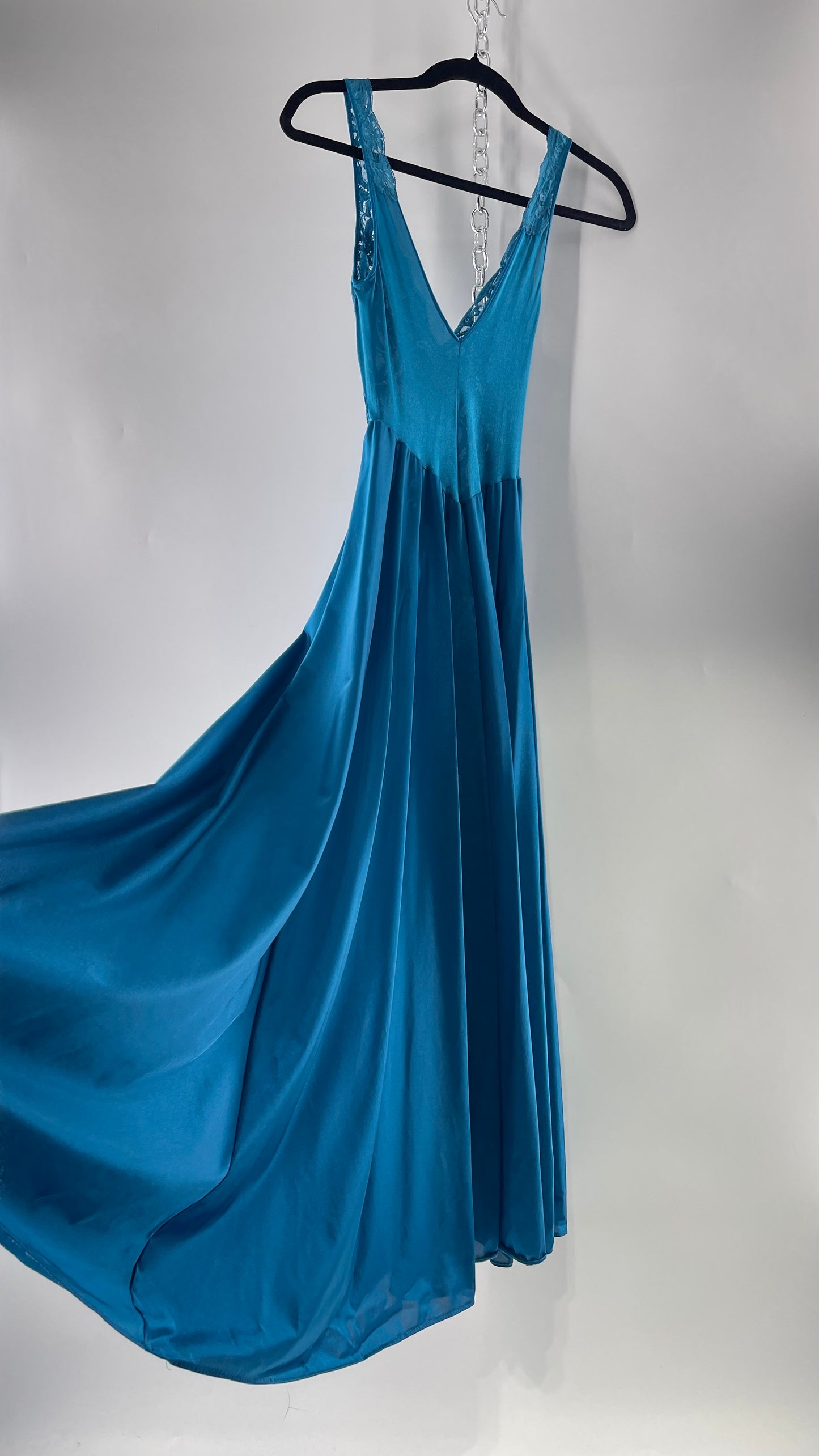 Vintage Olga Intimates Floor Length Voluminous Blue Jewel Toned Maxi Dress/Night Gown with Lace Bust (Small)