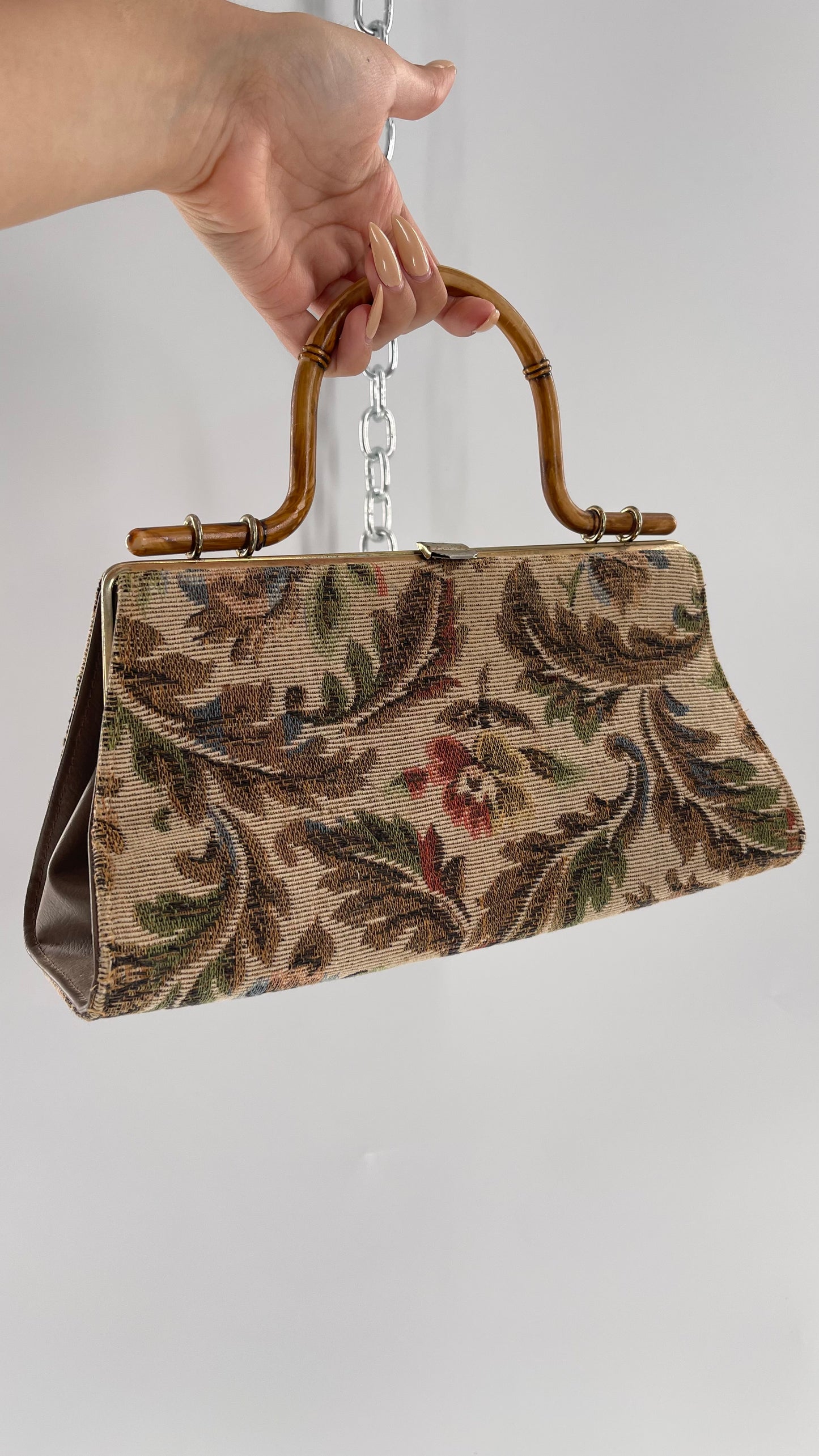 Vintage Tapestry Bag with Bronze Metal Clasp and Bamboo Handle