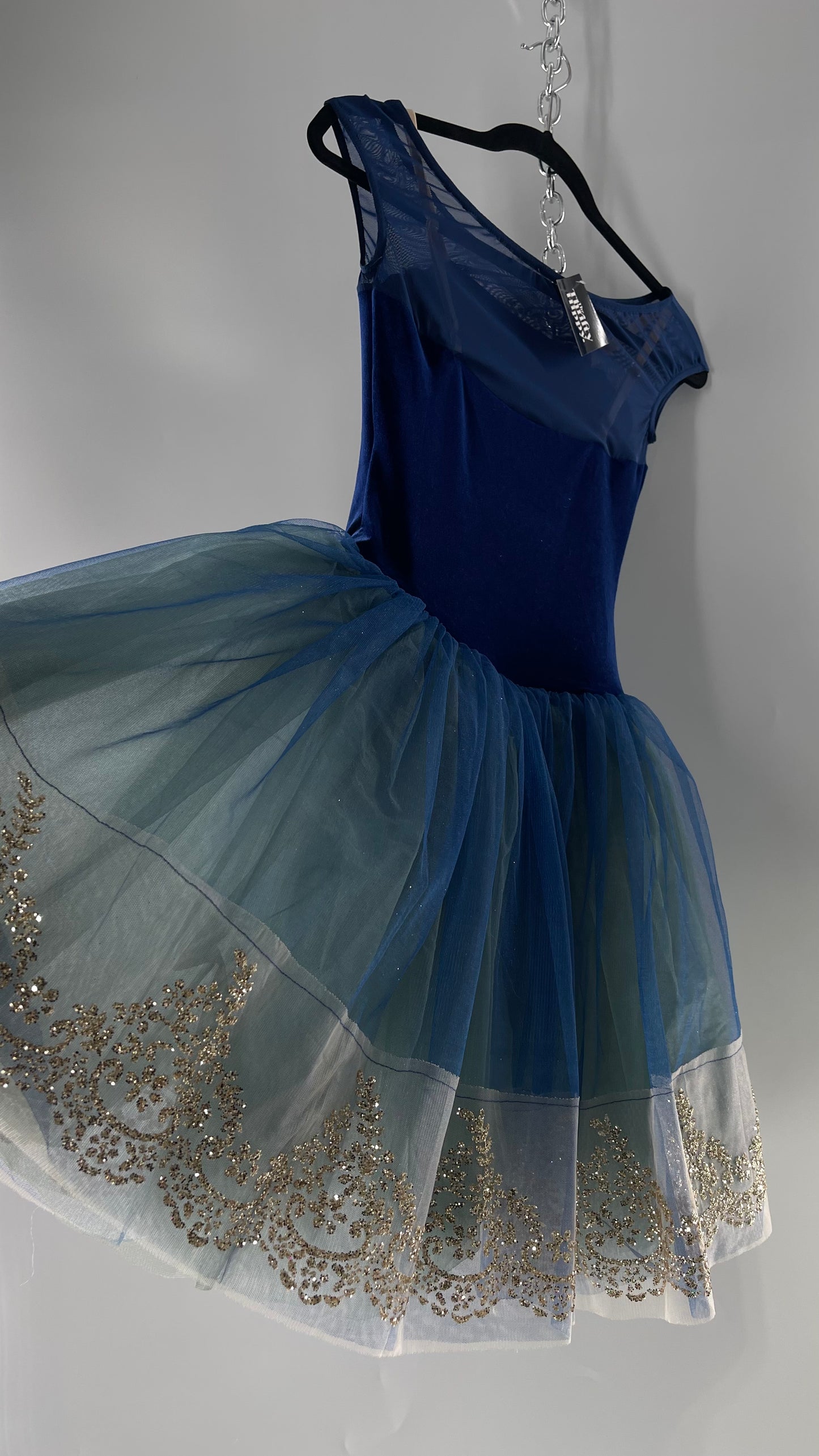 Midnight Muse Navy and Teal Mesh Tutu Skirt with Gold Glitter Hem Detailing (Medium)