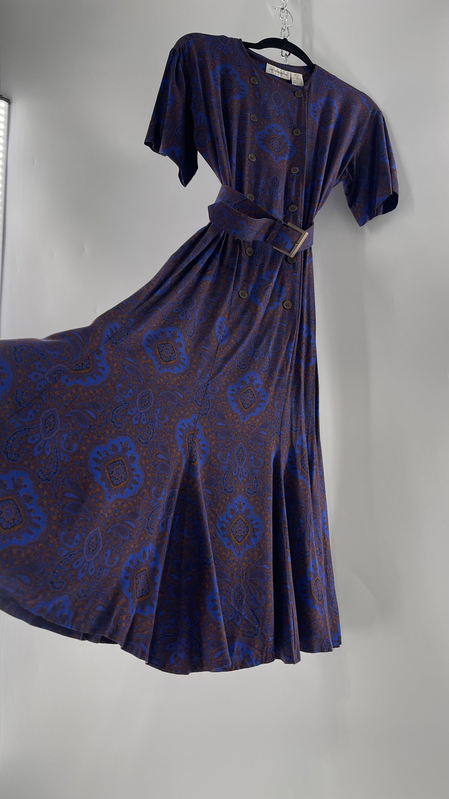 Vintage Liz Claiborne Cobalt Blue and Mustard Paisley Patterned 60s Style Dress(4)
