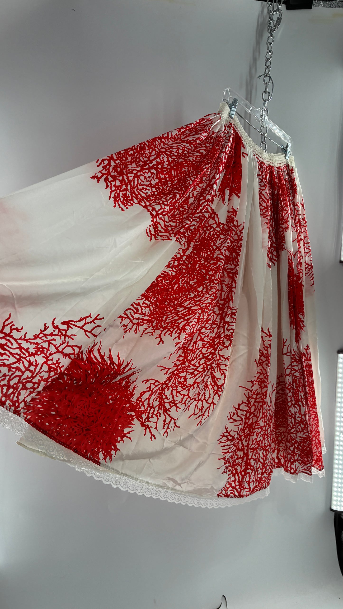 Handmade Vintage Full Length Voluminous Silky Skirt with Red Design (Large)