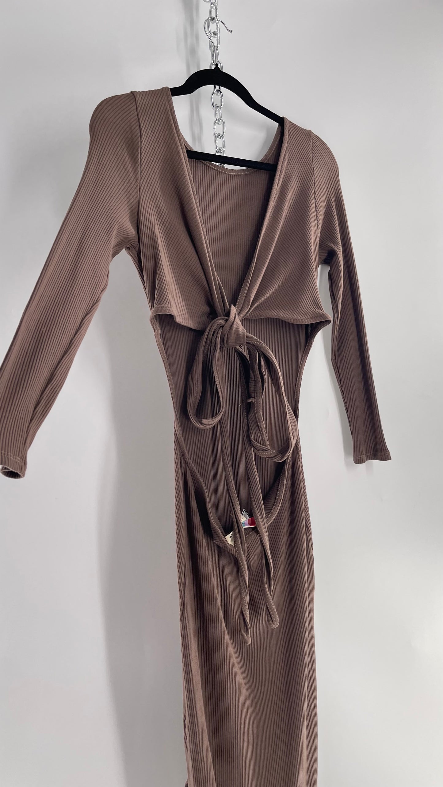 Free People Brown Ribbed Maxi Dress with Low Open Back and Dramatic Tie Detail (Large)