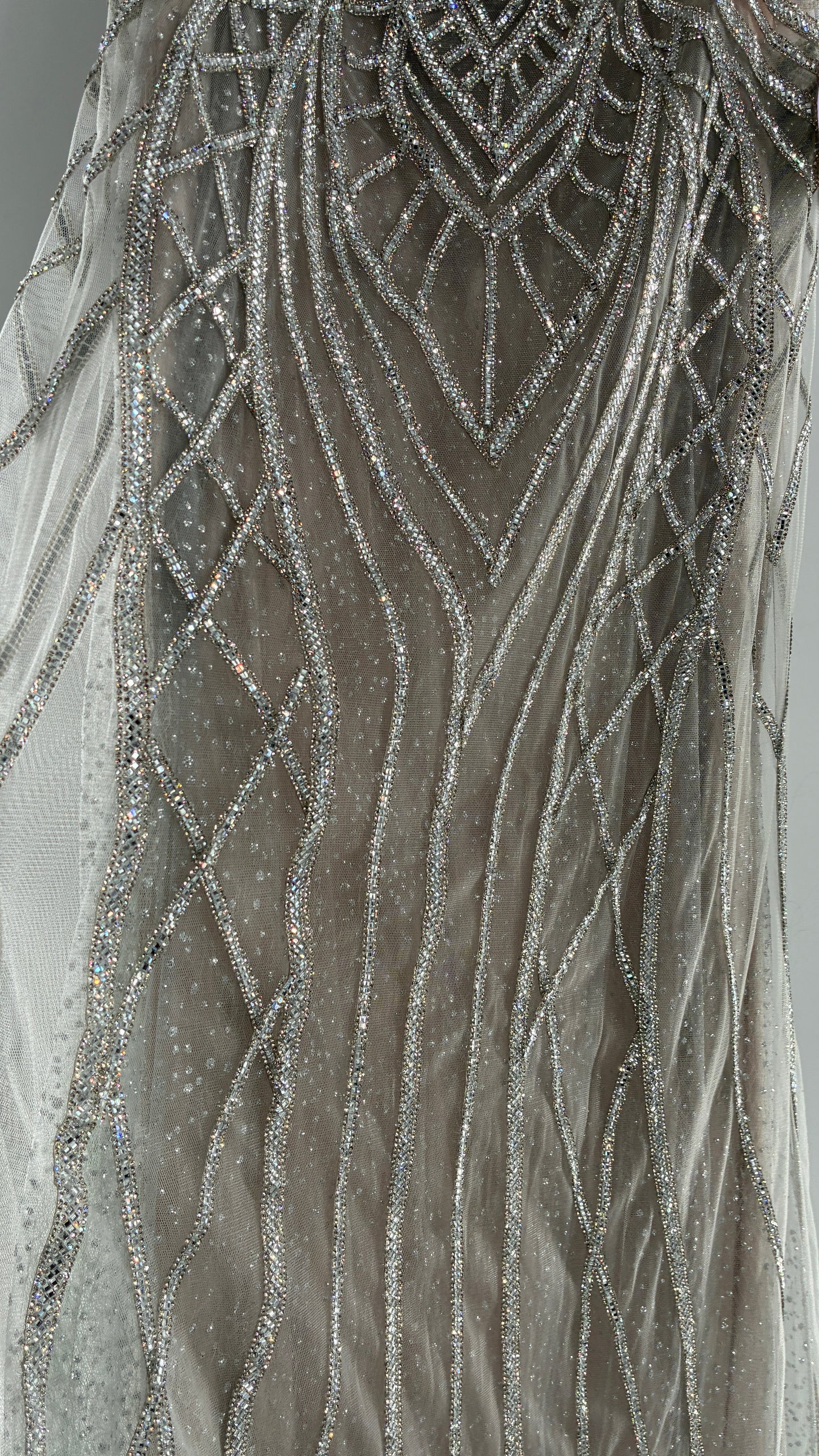 NWT LADIVINE by Cinderella Divine Silver Nude CC6018 Mermaid Corseted Gown with Multiple Layers of Tulle, Covered in Crystal Strips (16)