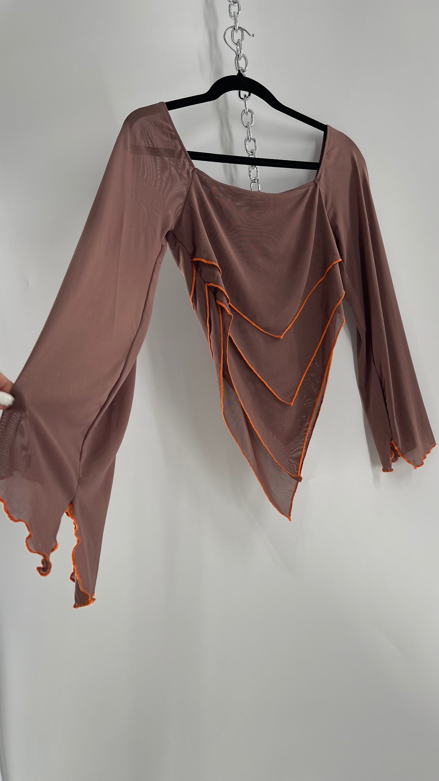 Fashion Nova Brown Mesh Pointed Hem Blouse with Bell Sleeves and Orange Contrast Stitch