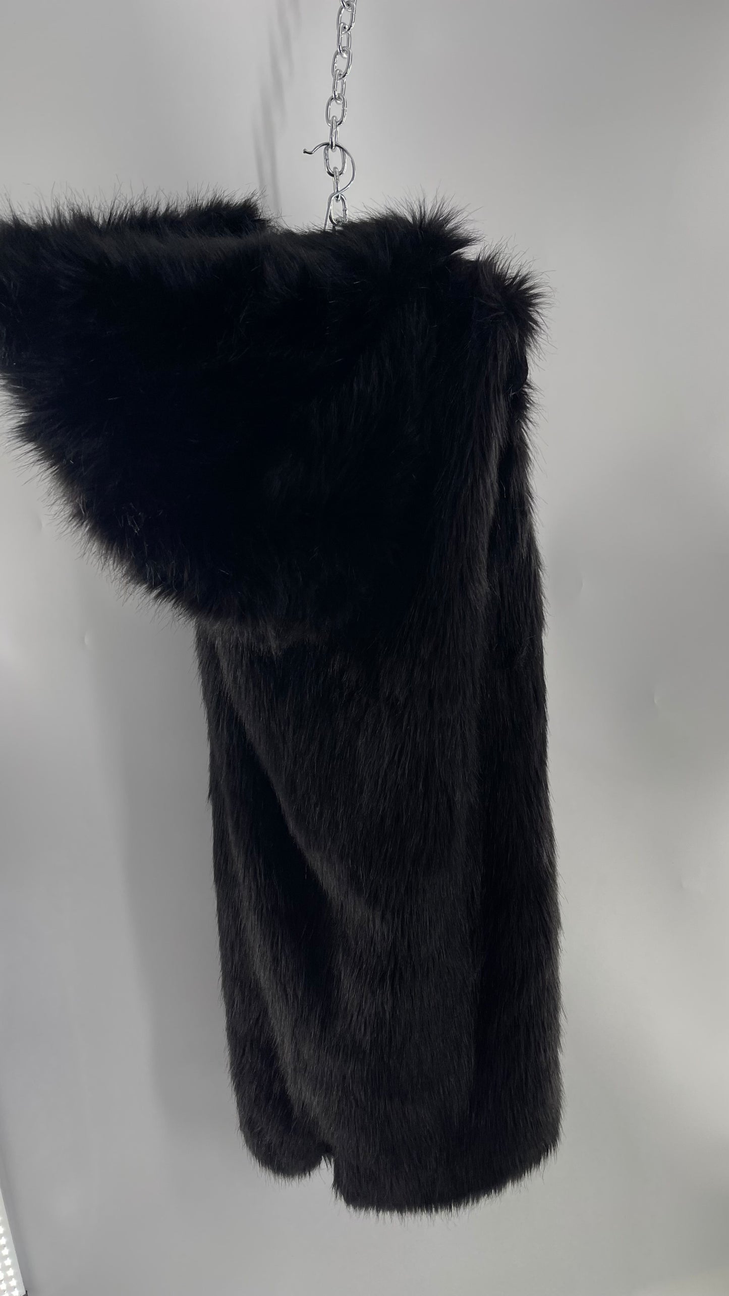 Full Length Black Fuzzy Sleeveless Vest with Oversized Hood (Medium)