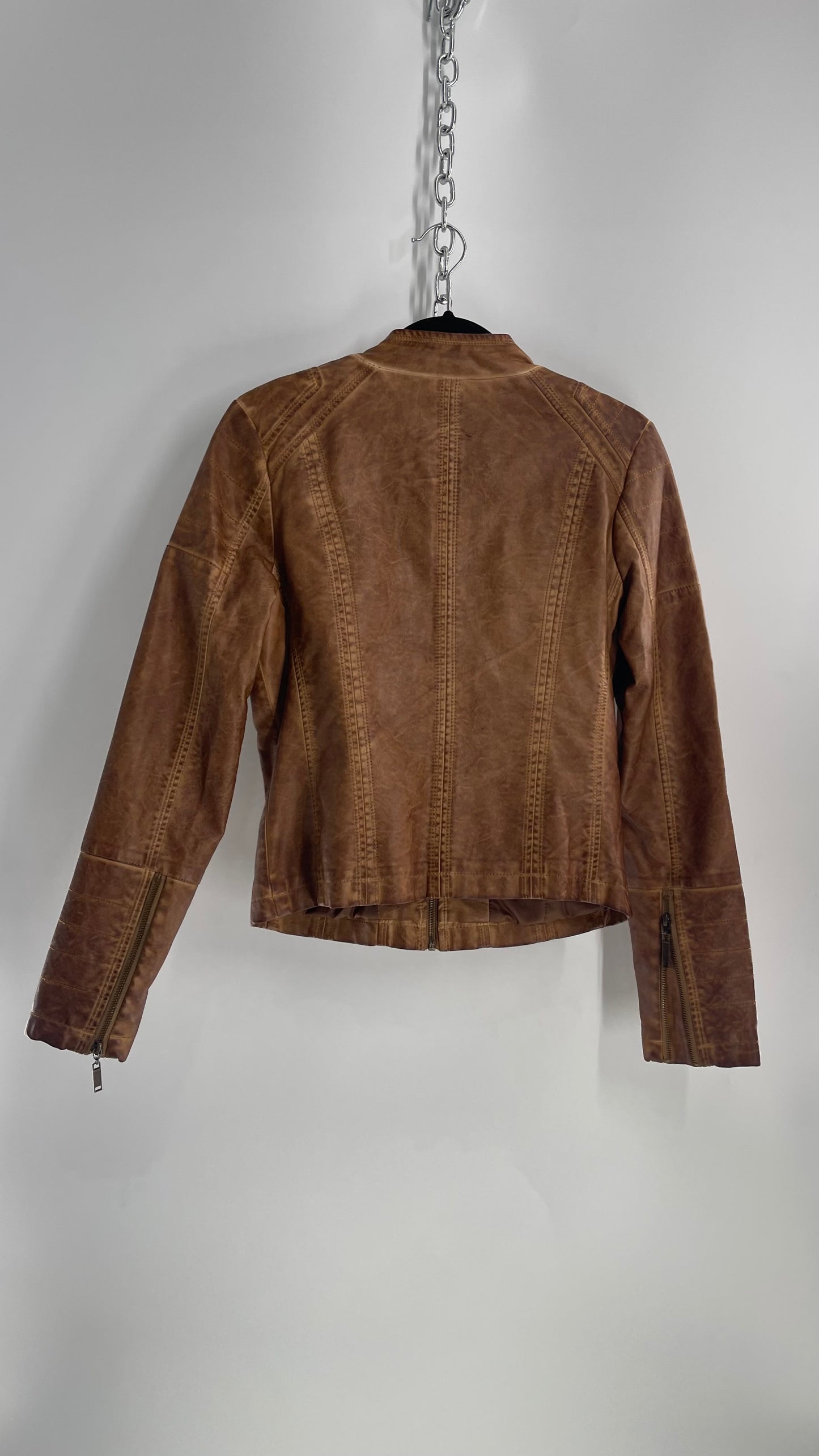 Vintage Brown Vegan Leather Distressed Motorcycle Jacket (Small)