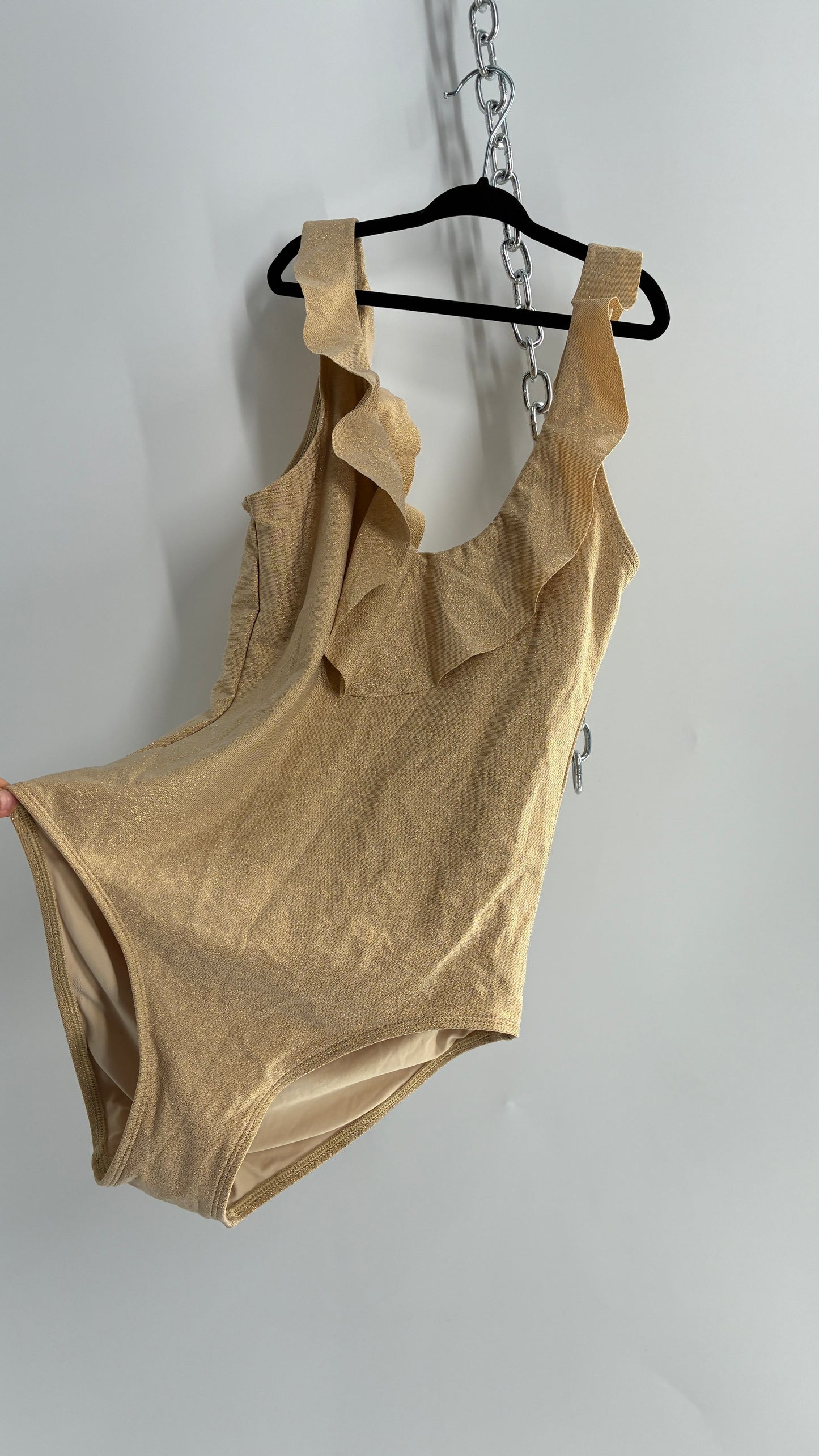 HOP LUN Gold Glitter Ruffle Neckline Bathing Suit (Small)